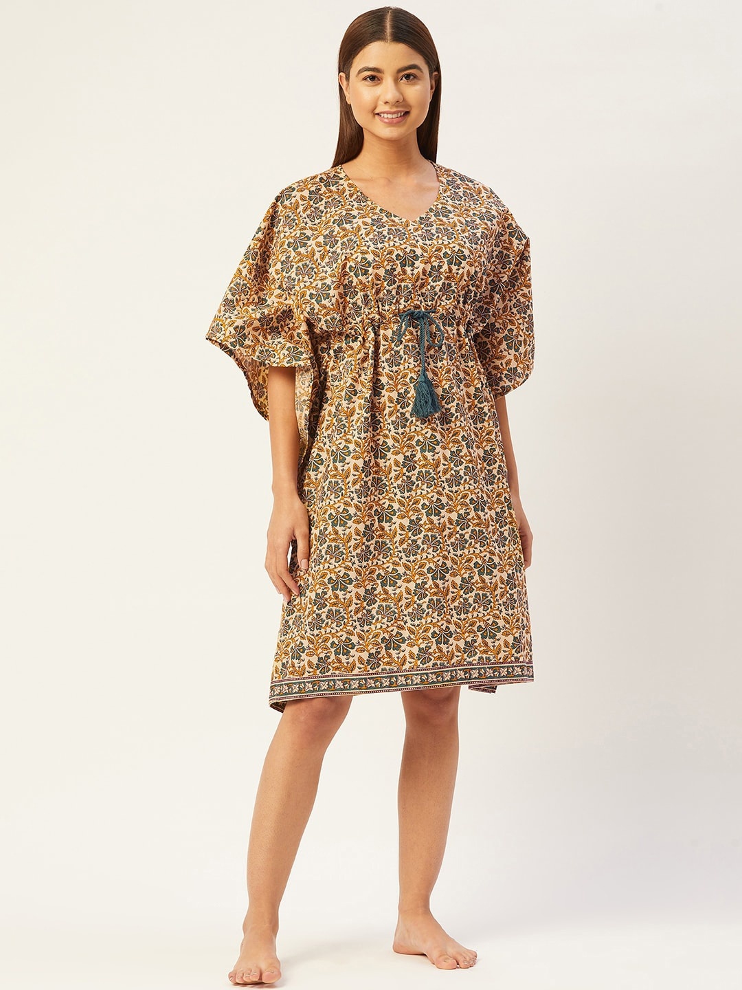 

Ikk Kudi by Seerat Floral Printed Cotton Kaftan Night Dress, Beige