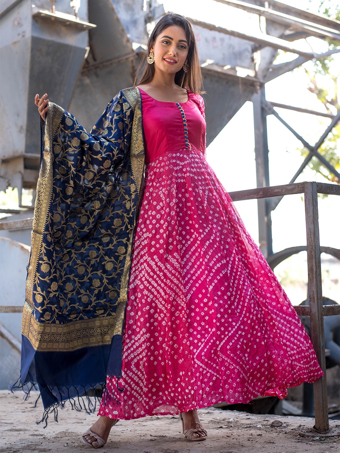

Rangpur Bandhani Printed Fit and Flare Silk Ethnic Dress With Dupatta, Magenta