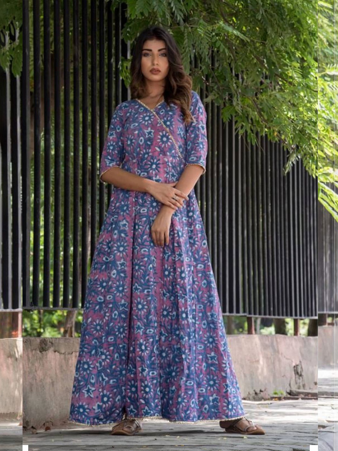 

Rangpur Floral Printed V Neck Fit & Flare Cotton Maxi Dress, Lavender