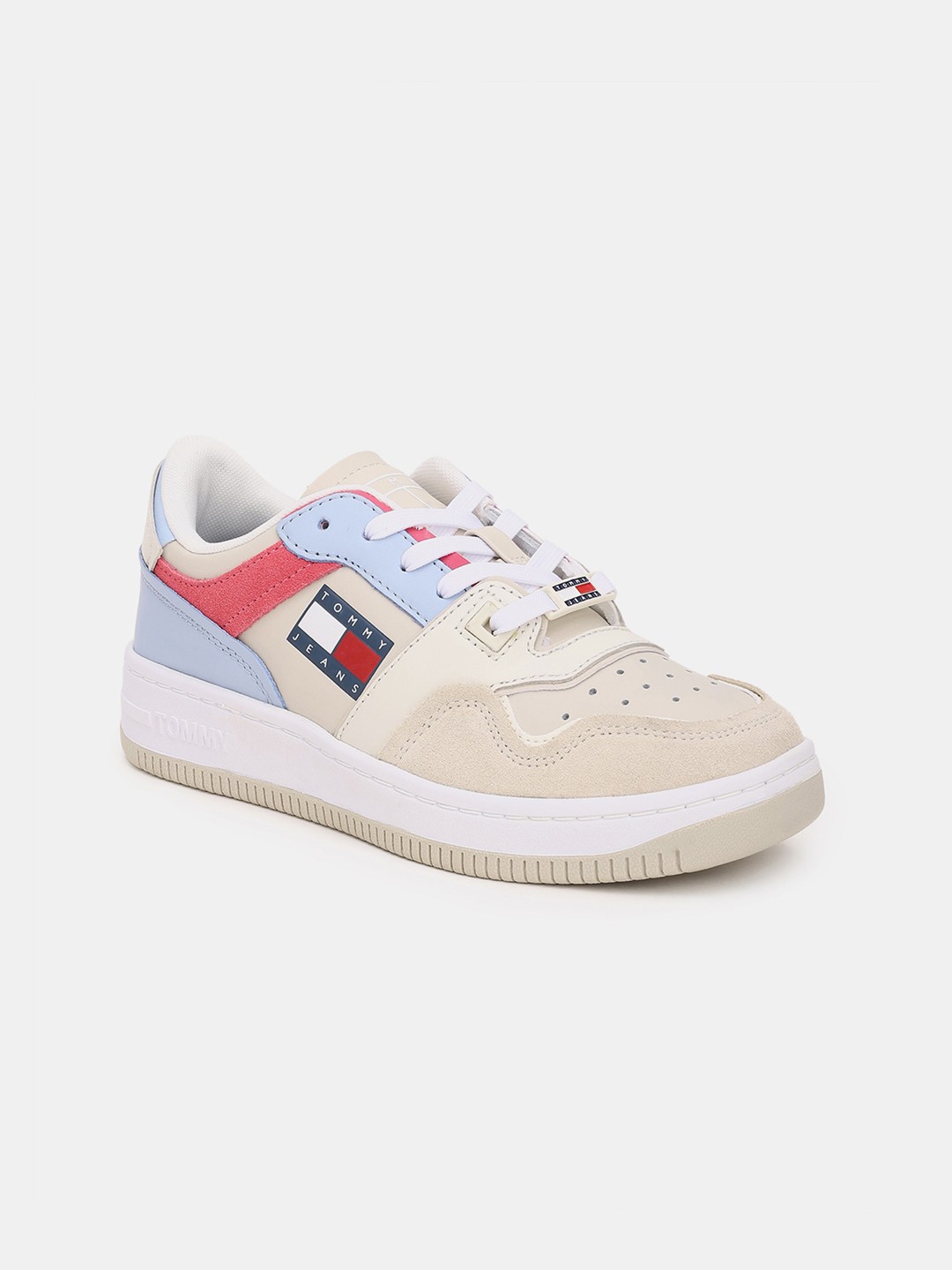 

Tommy Hilfiger Women Perforated Colourblocked Leather Sneakers, Beige