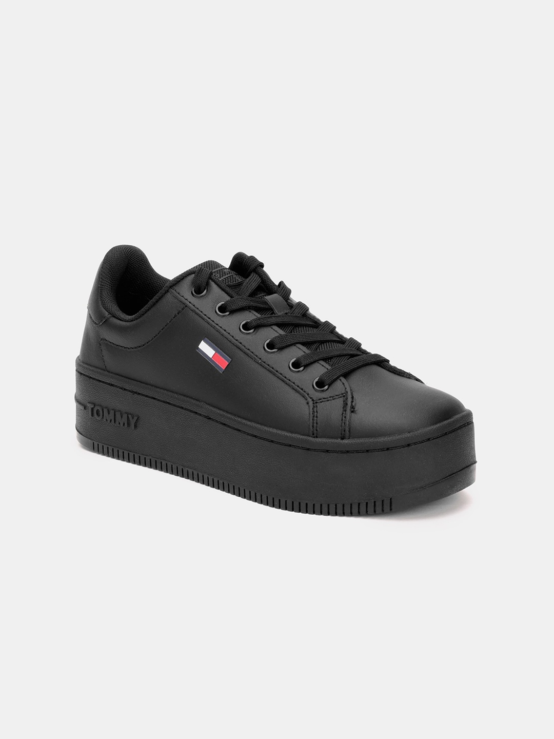 

Tommy Hilfiger Women Leather Lace-Up Sneakers, Black