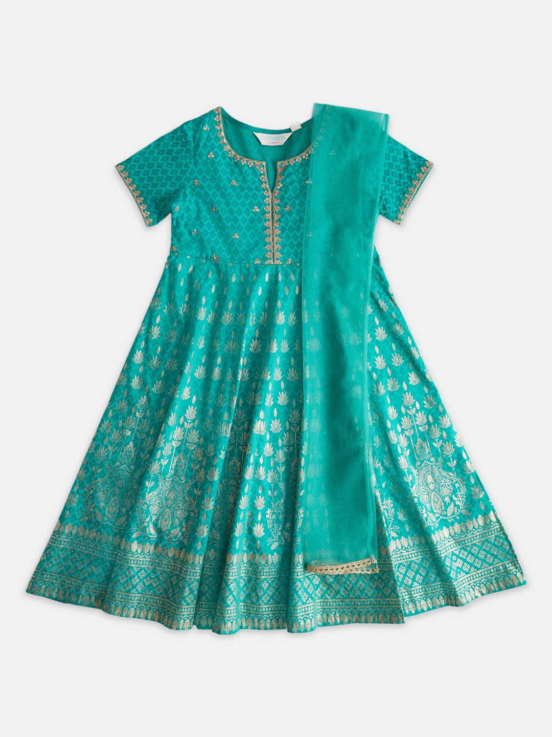 

AKKRITI BY PANTALOONS Girls Notch Neck Printed Sequined A-Line Ethnic Dress With Dupatta, Turquoise blue