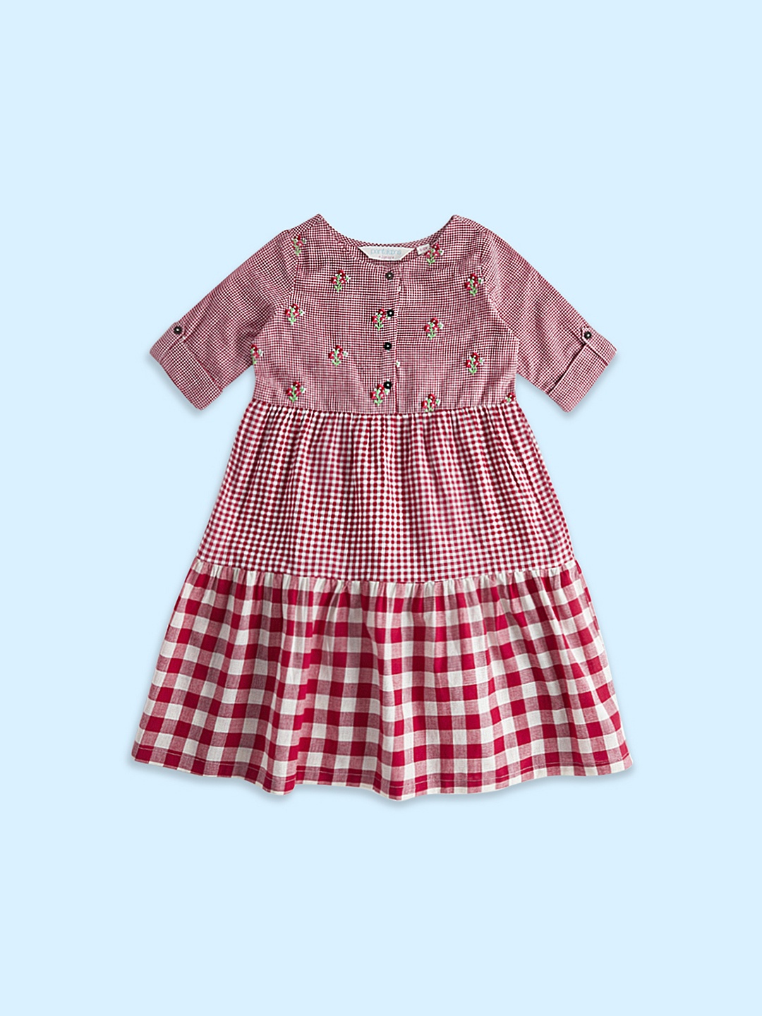 

AKKRITI BY PANTALOONS Checked Embroidered A-Line Cotton Dress, Red