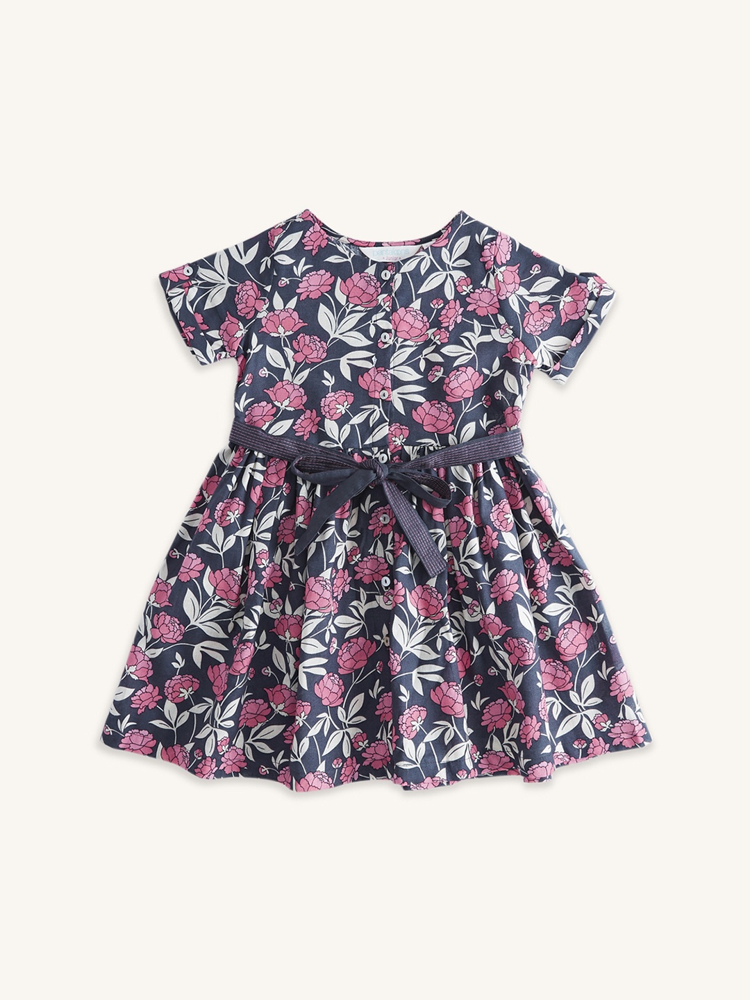 

AKKRITI BY PANTALOONS Girls Tie-Up Floral Print Dress, Navy blue