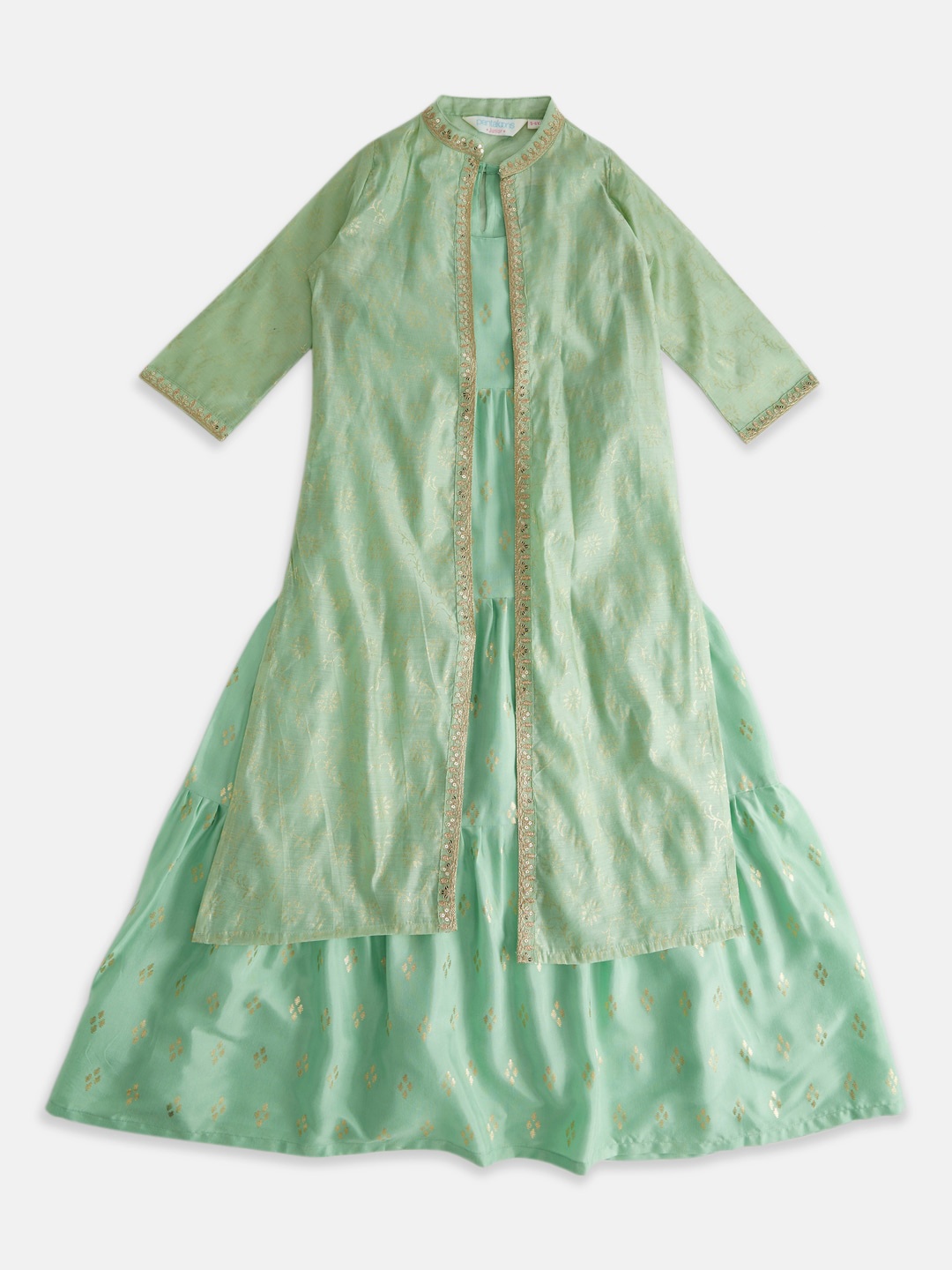 

AKKRITI BY PANTALOONS Girls Sleeveless Tiered A-Line Dress With Jacket, Green
