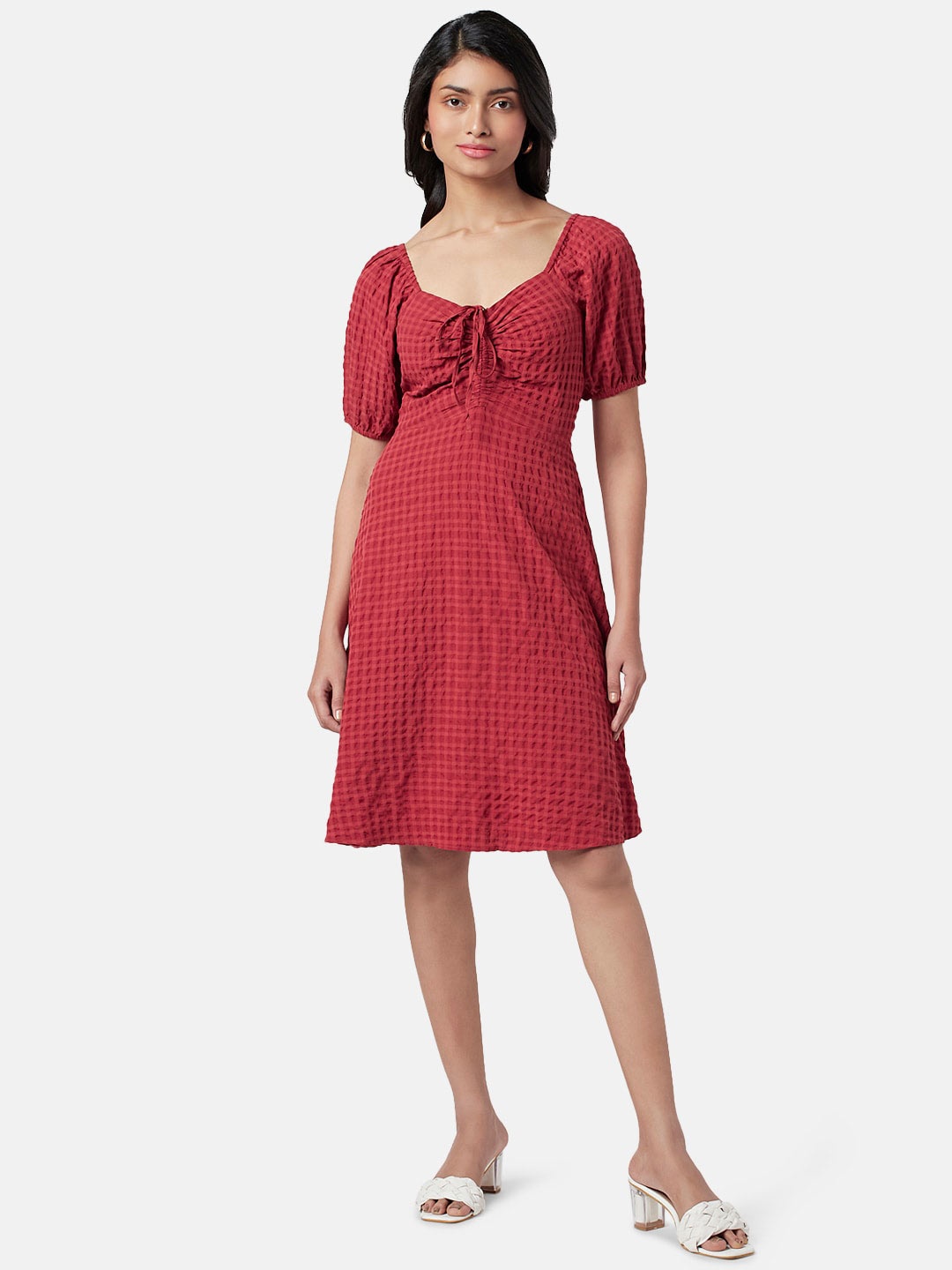 

Honey by Pantaloons Sweetheart Neck Puff Sleeves Fit & Flare Dress, Rust