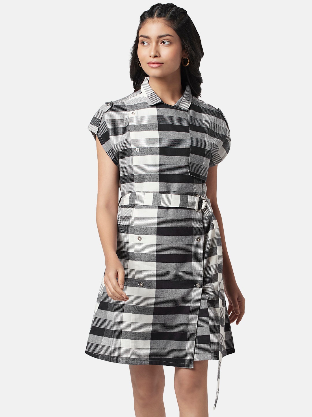 

SF JEANS by Pantaloons Roll-Up Sleeves Belted Checked Cotton Shirt Dress, Grey
