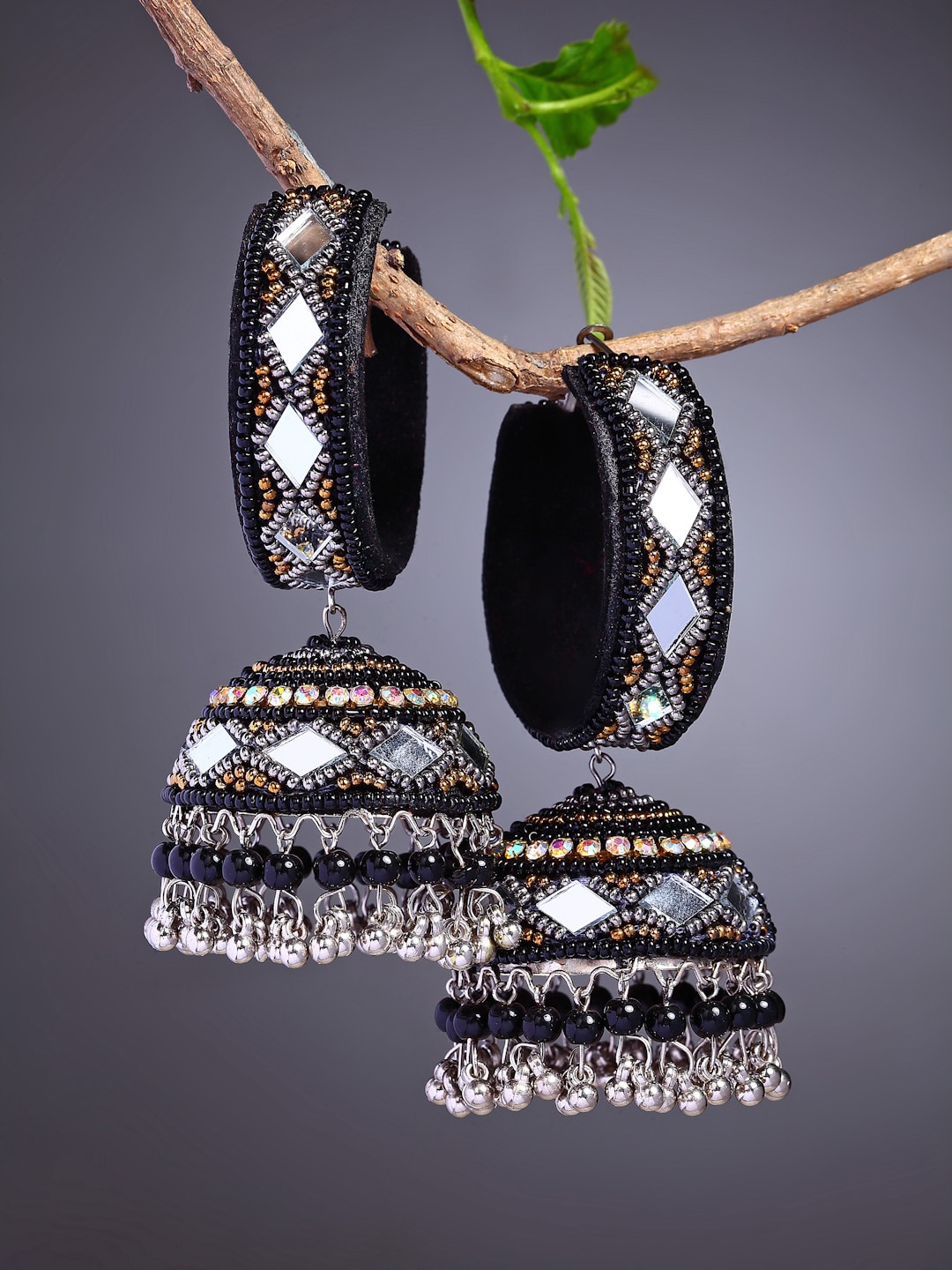 

Moedbuille Beads Mirror & Crystals Studded Contemporary Jhumkas Earrings, Black