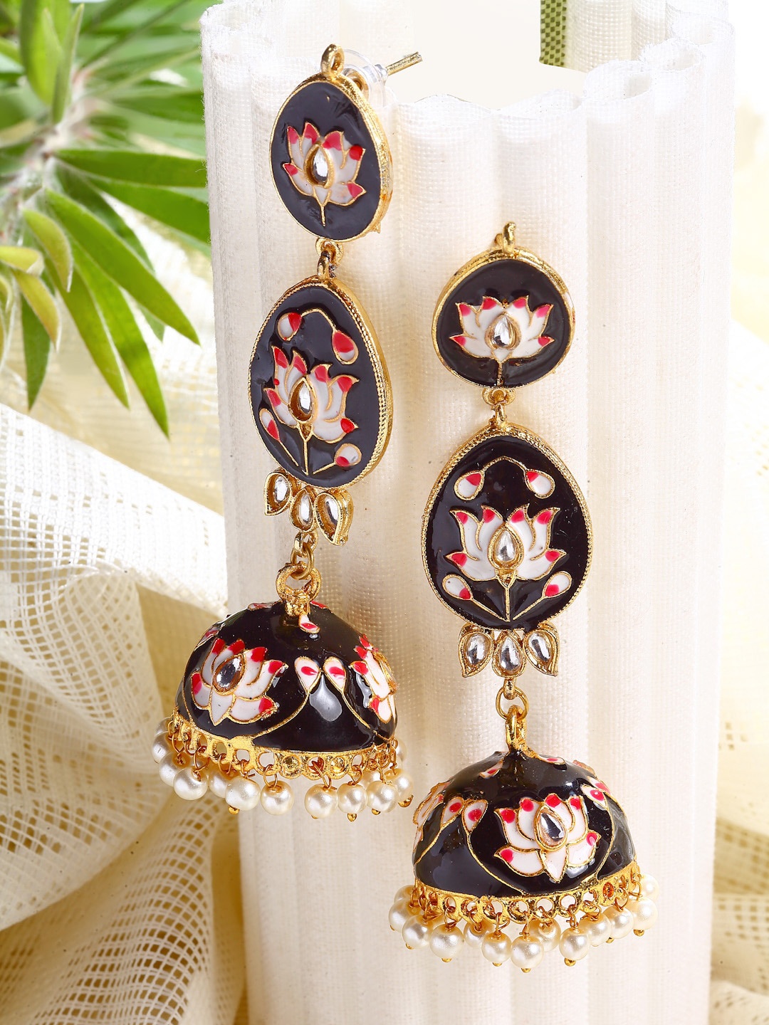 

Moedbuille Gold-Plated Meenakari Dome Shaped Jhumkas Earrings, Black