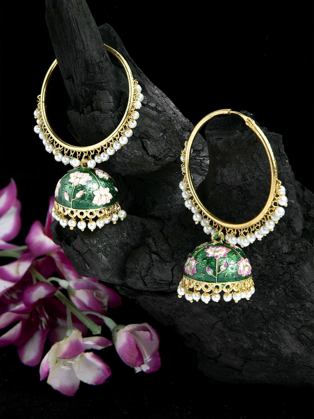 

Moedbuille Women Gold-Plated Dome Shaped Jhumkas Earrings, Green
