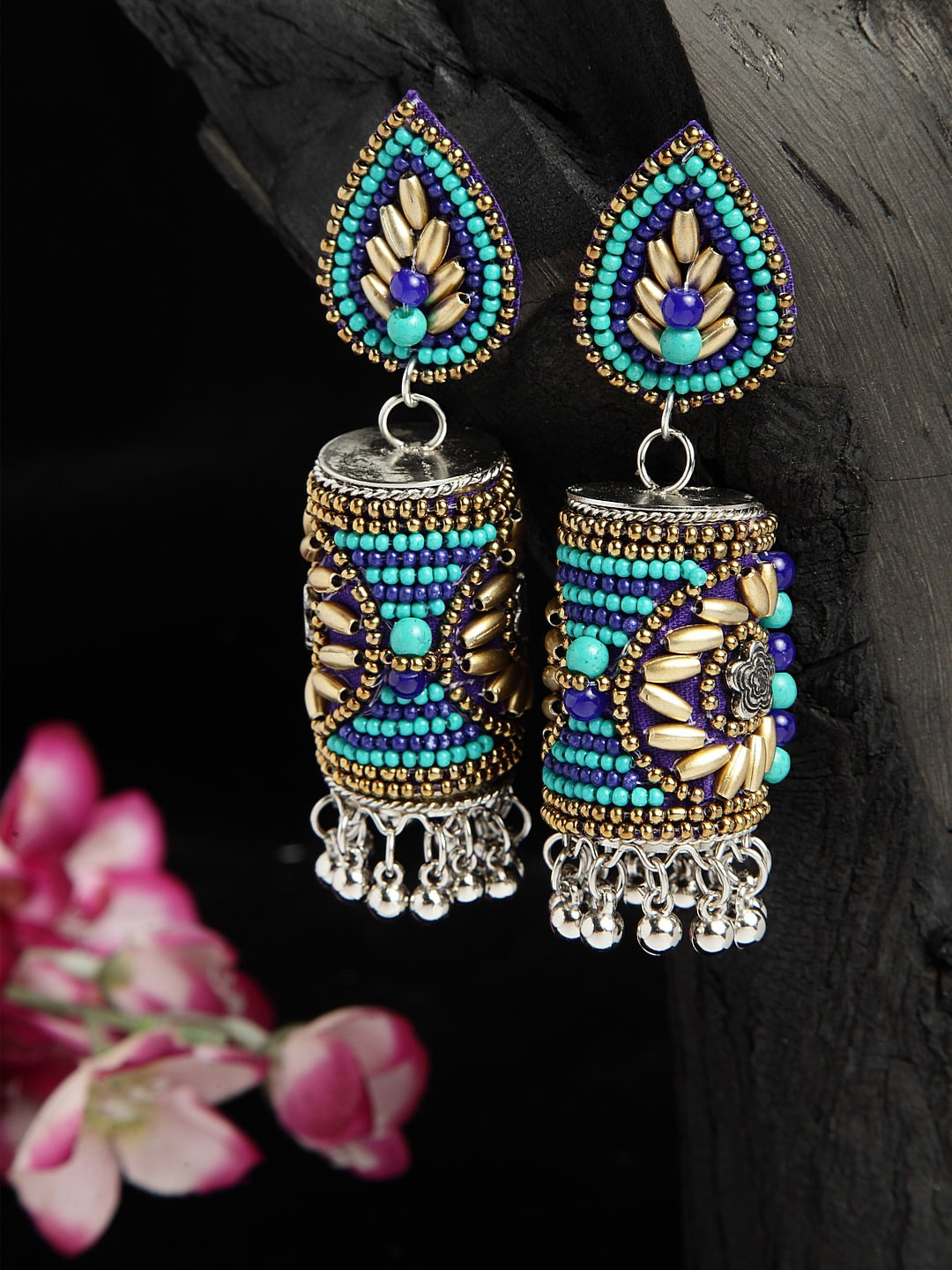 

Moedbuille Silver-Plated Beaded Dome Shaped Jhumkas Earrings, Blue