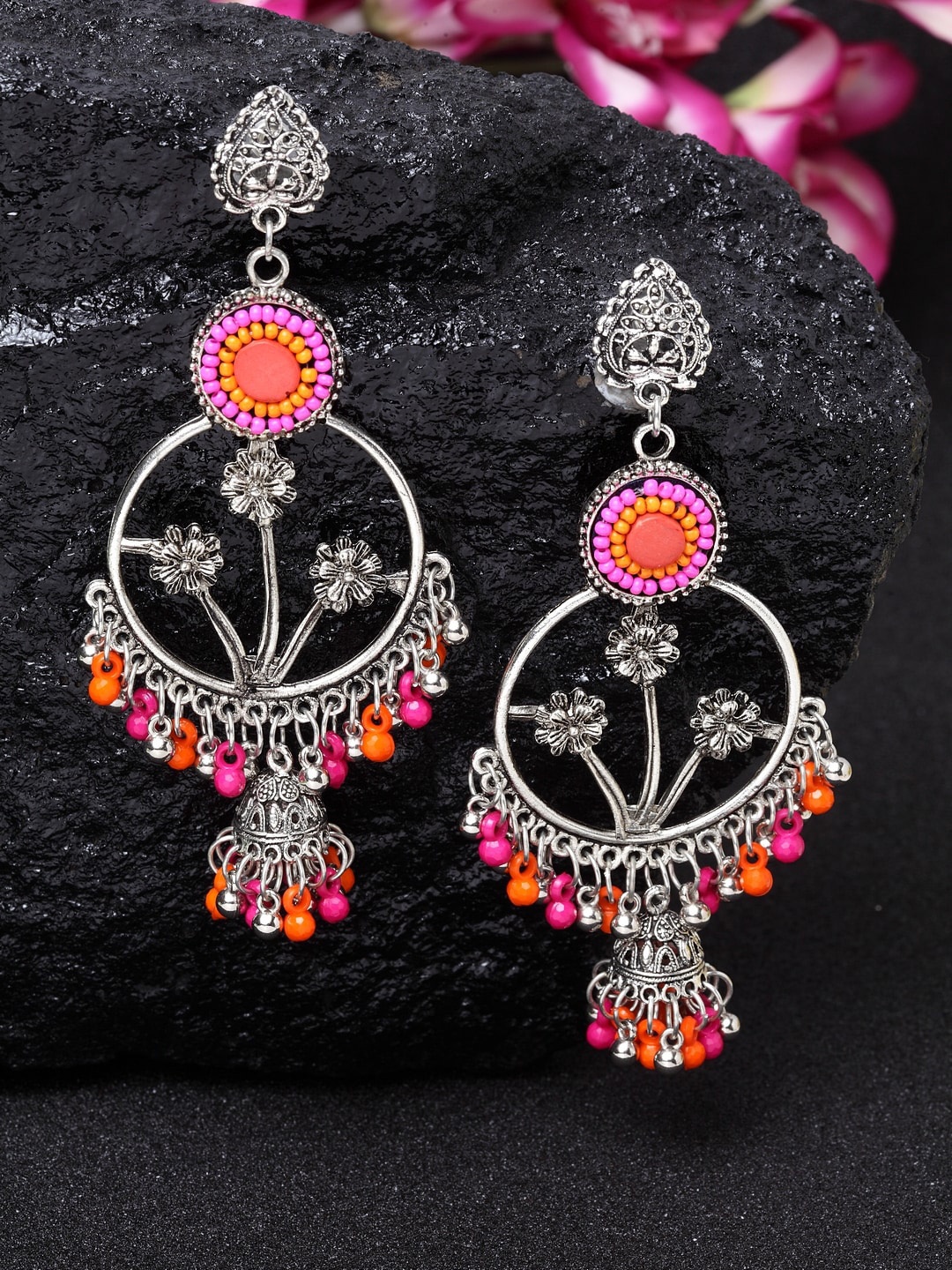 

Moedbuille Silver-Plated Beaded Studded Contemporary Chandbalis Earrings, Pink