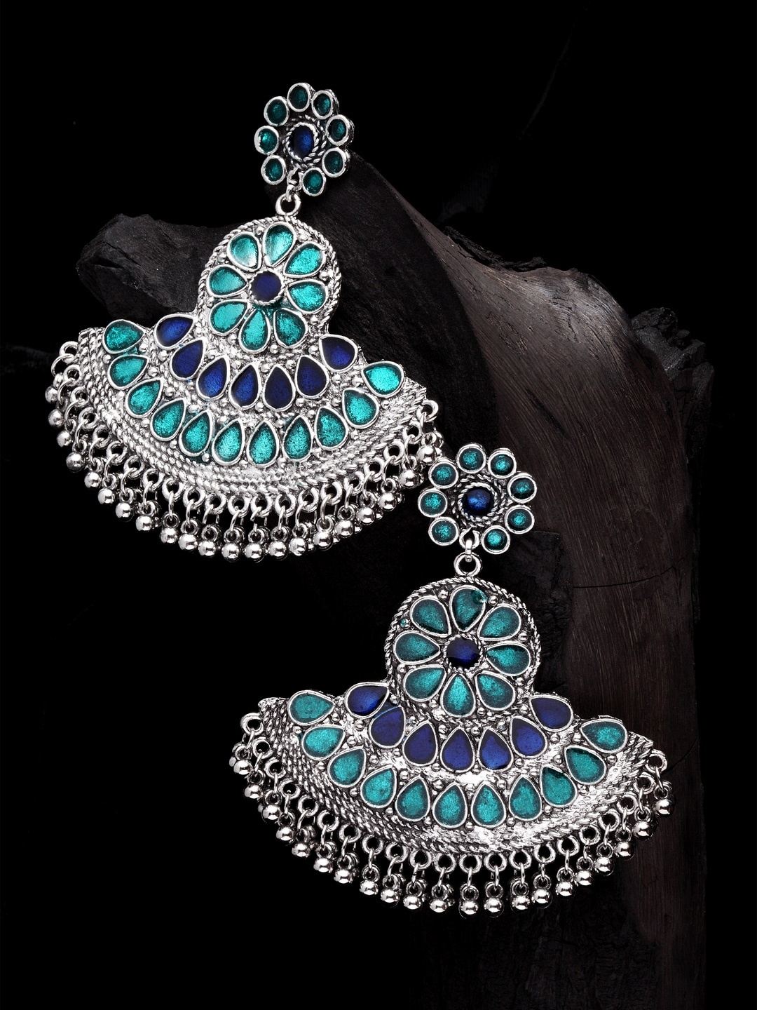 

Moedbuille Silver-Plated Crescent Shaped Meenakari Drop Earrings, Blue