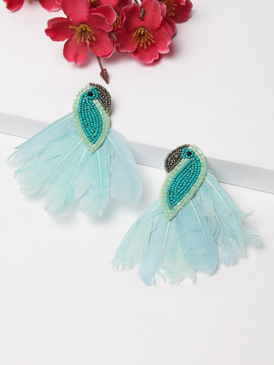 

Moedbuille Peacock Shaped Beads & Feathers Work Drop Earrings, Sea green