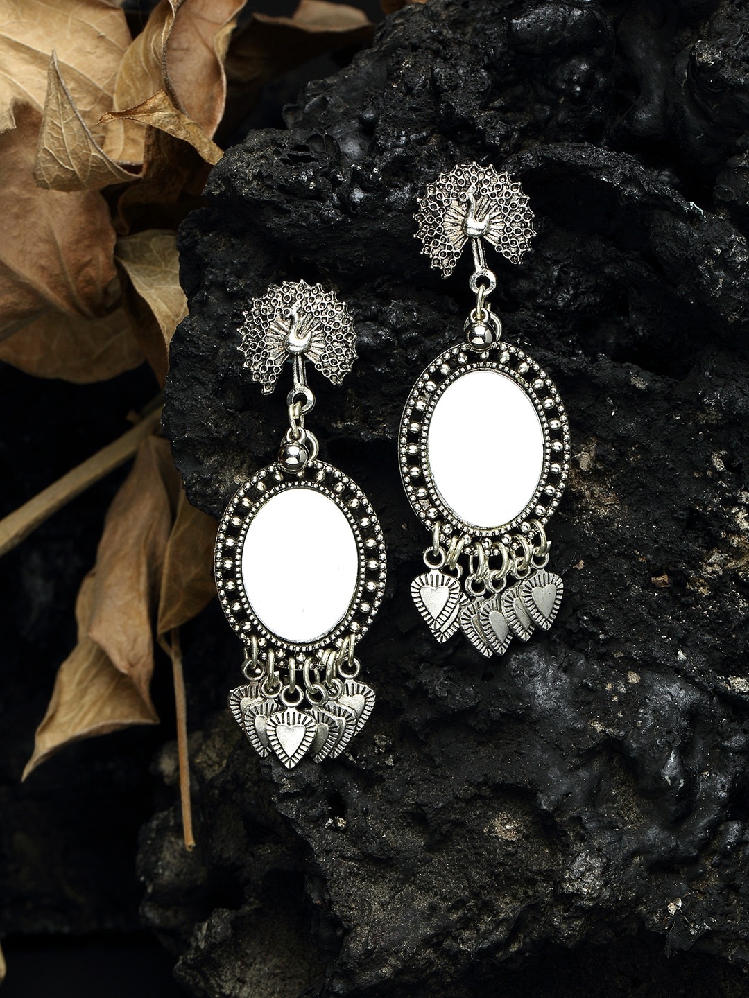 

Moedbuille Silver-Plated Peacock Shaped Oxidized Drop Earrings, White