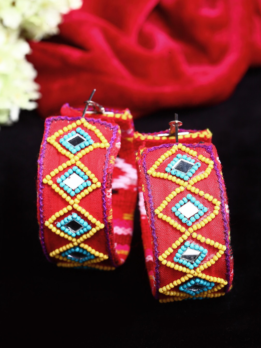 

Moedbuille Silver-Plated Beads & Mirror Embroidered Contemporary Hoop Earrings, Red