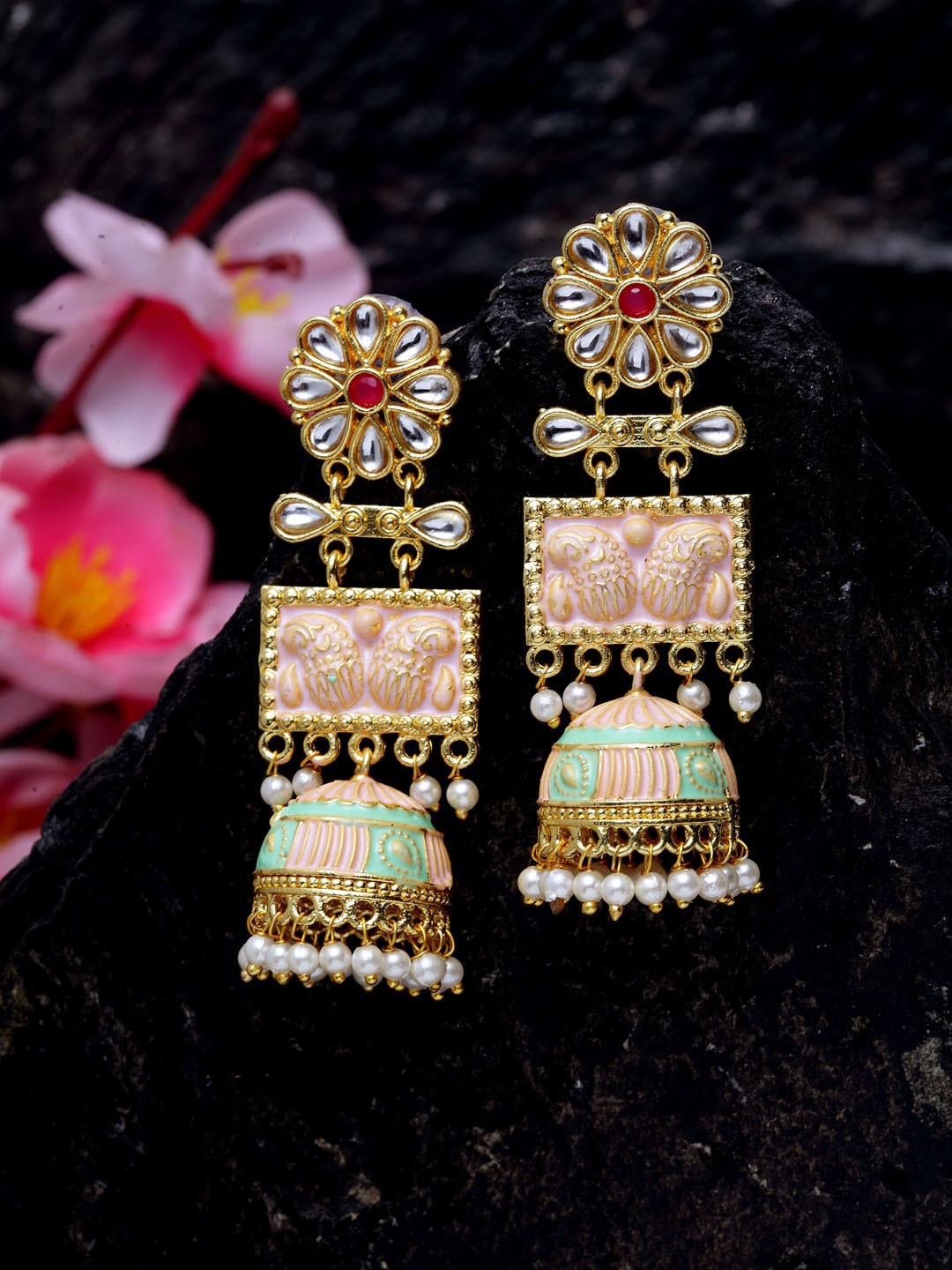 

Moedbuille Gold-Plated Dome Shaped Kundan & Stone Studded Jhumkas Earrings, Pink