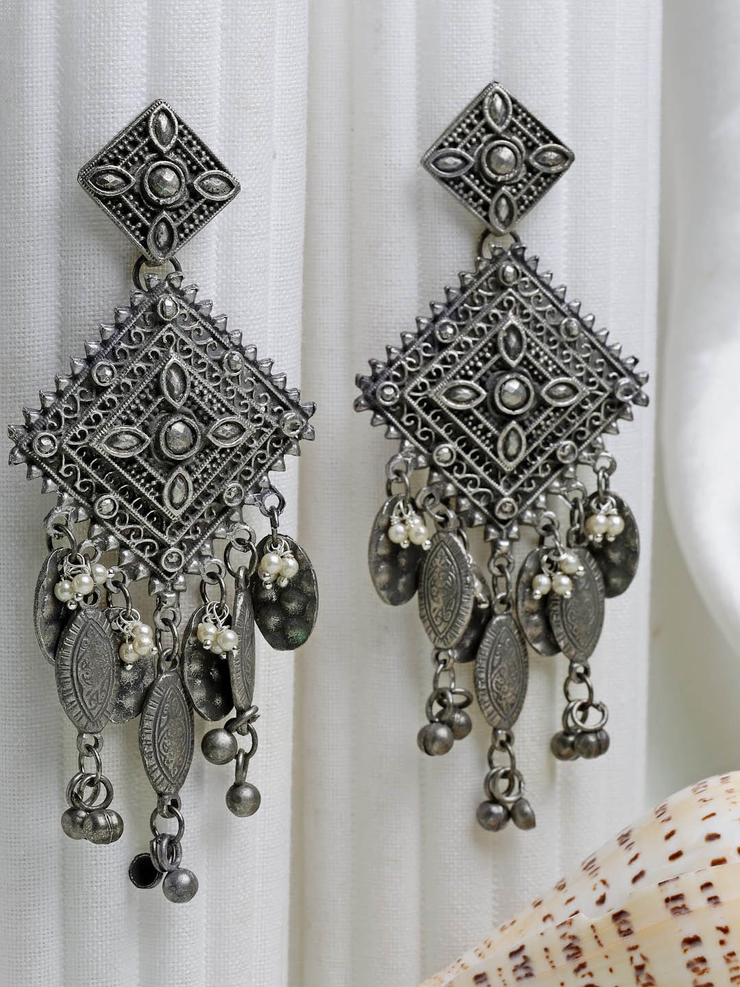 

Moedbuille SIlver-Plated Oxidized Geometric Drop Earrings, White