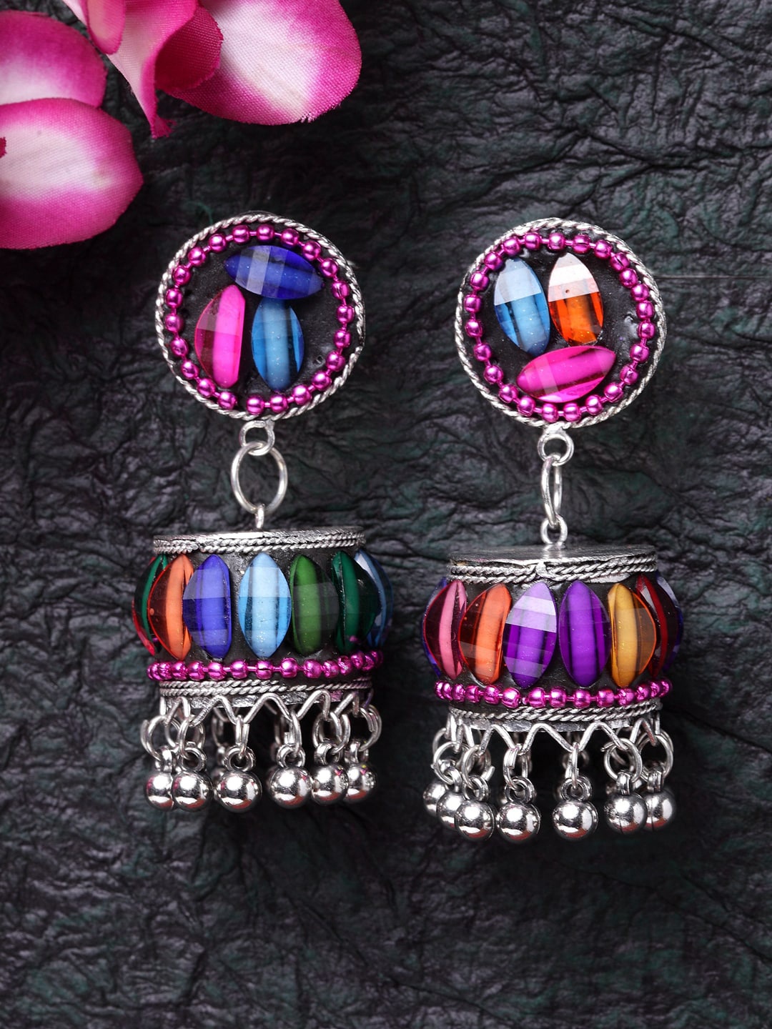 

Moedbuille Silver-Plated Oxidized Studded Dome Shaped Jhumkas, Pink