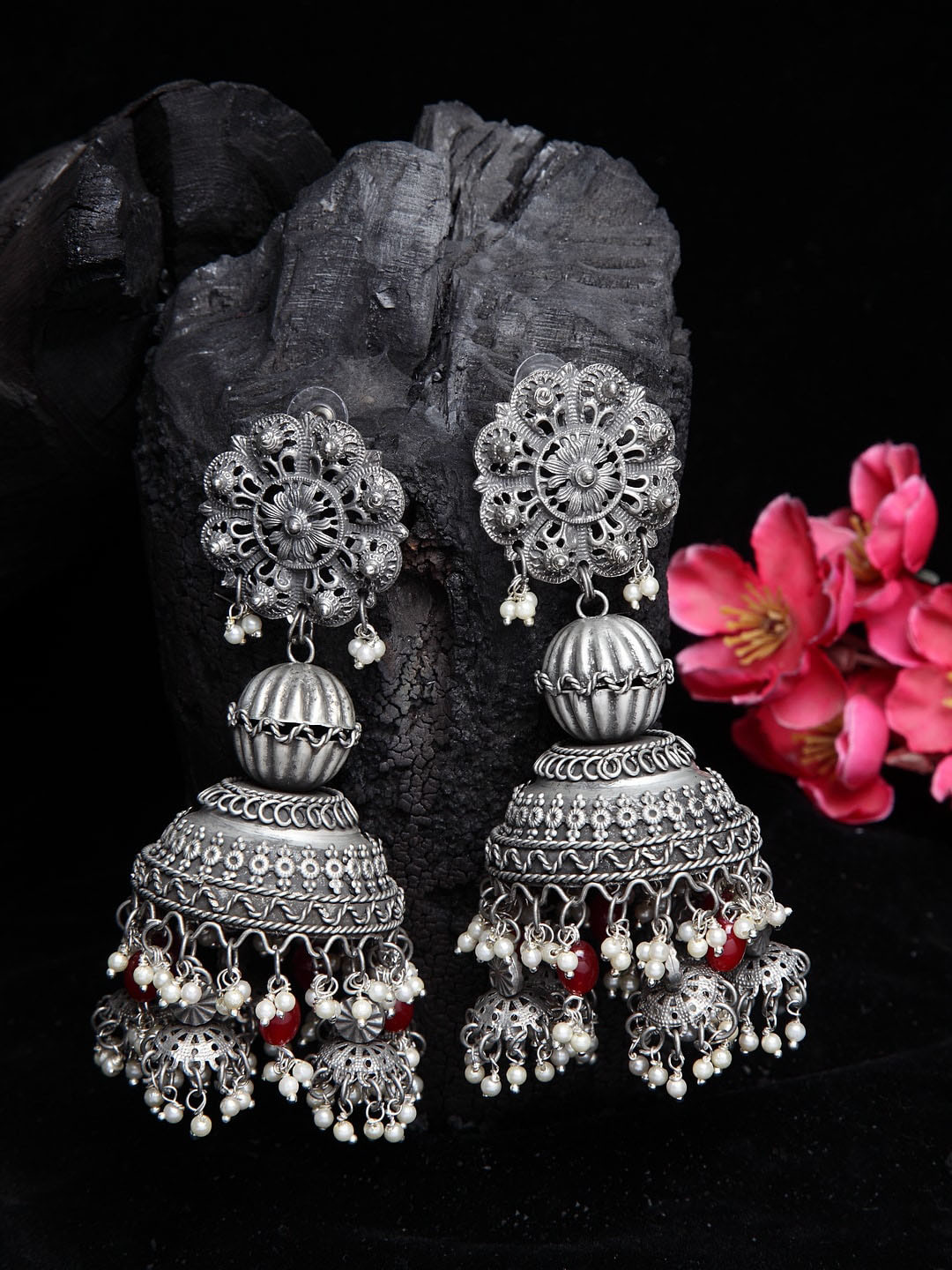 

Moedbuille Silver Plated Dome Shaped Jhumkas Earrings, Metallic