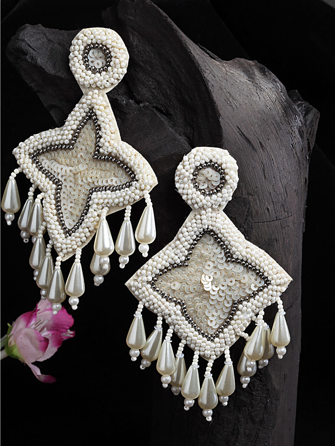 

Moedbuille Silver Plated Beads Sequins & Pearls Studded Contemporary Drop Earrings, Off white
