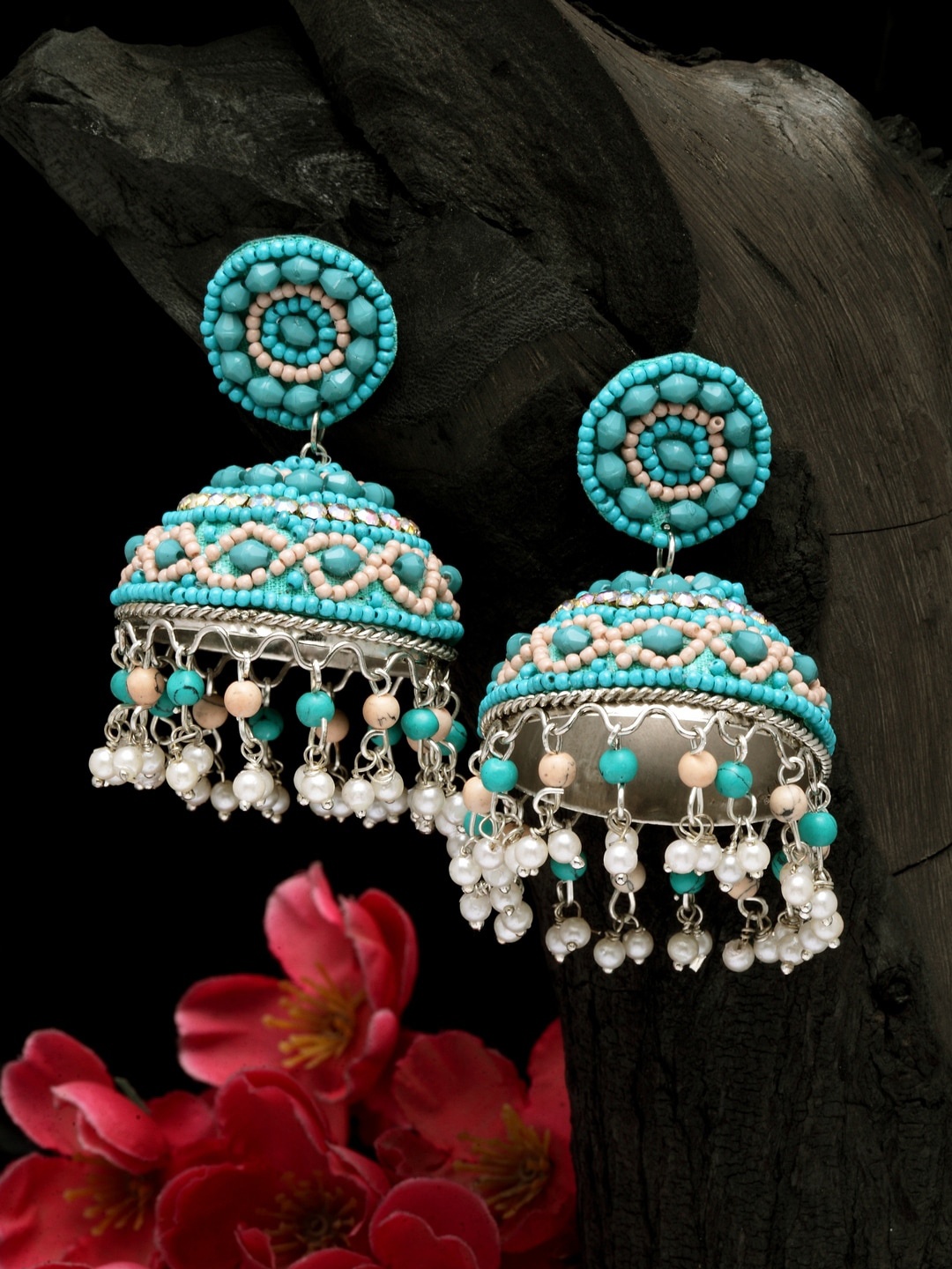 

Moedbuille Silver Plated Dome Shaped Jhumkas Earrings, Turquoise blue