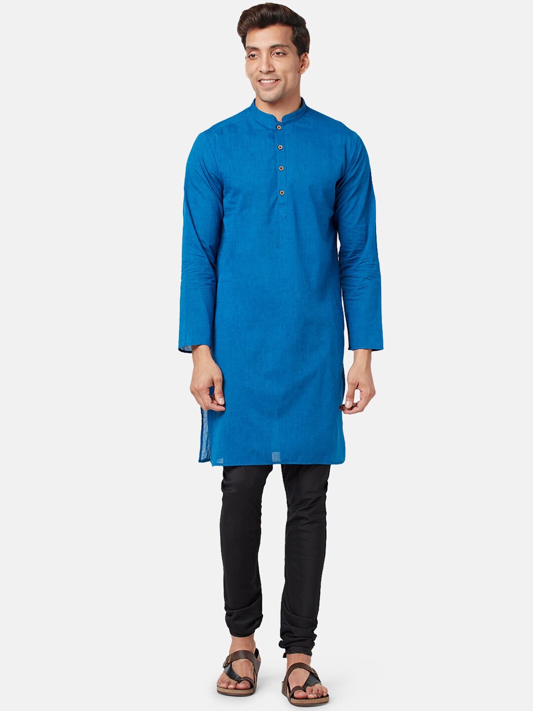 

indus route by Pantaloons Mandarin Collar Cotton Straight Kurta, Blue