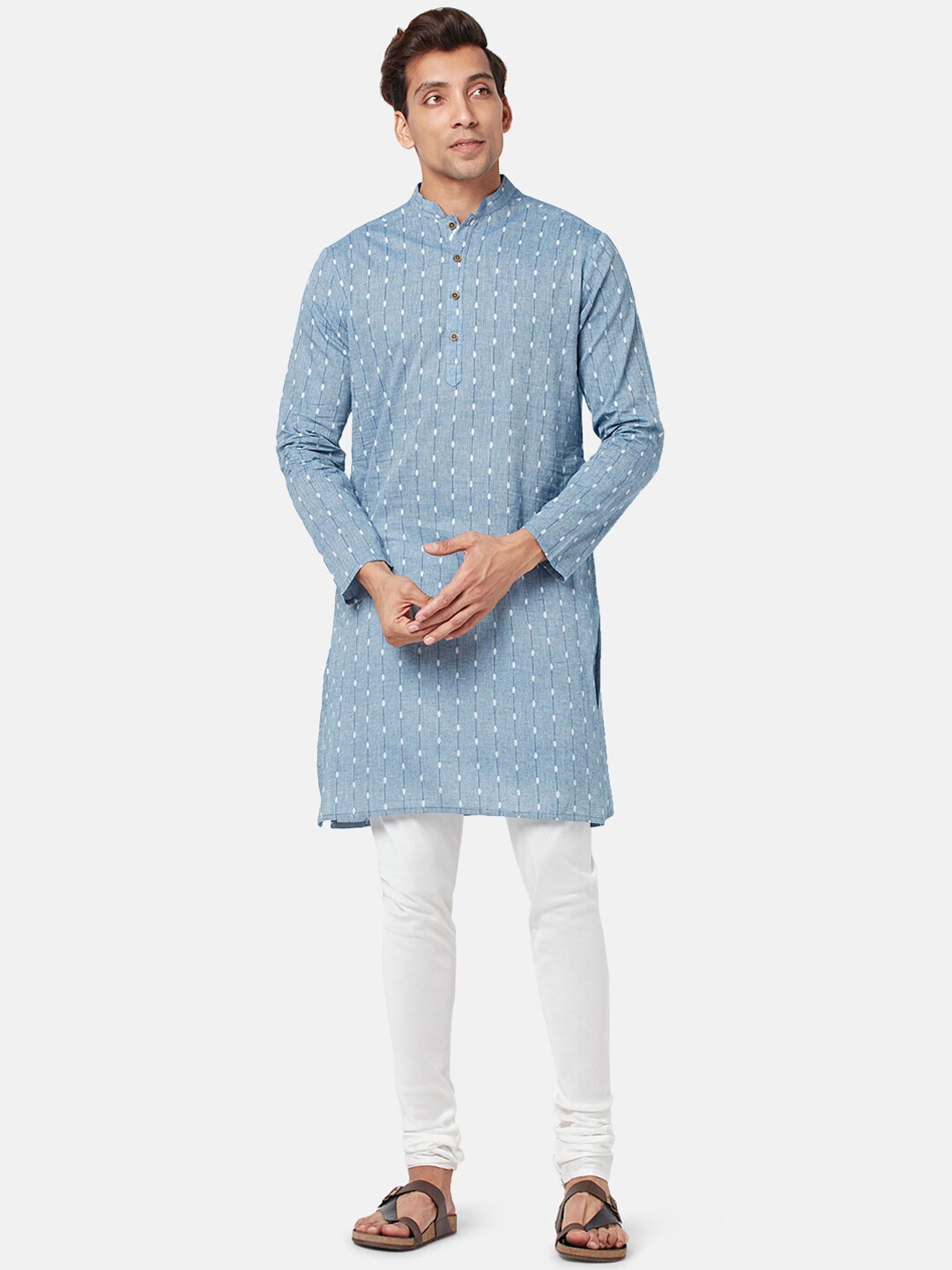 

indus route by Pantaloons Striped Mandarin Collar Pure Cotton Straight Kurta, Blue