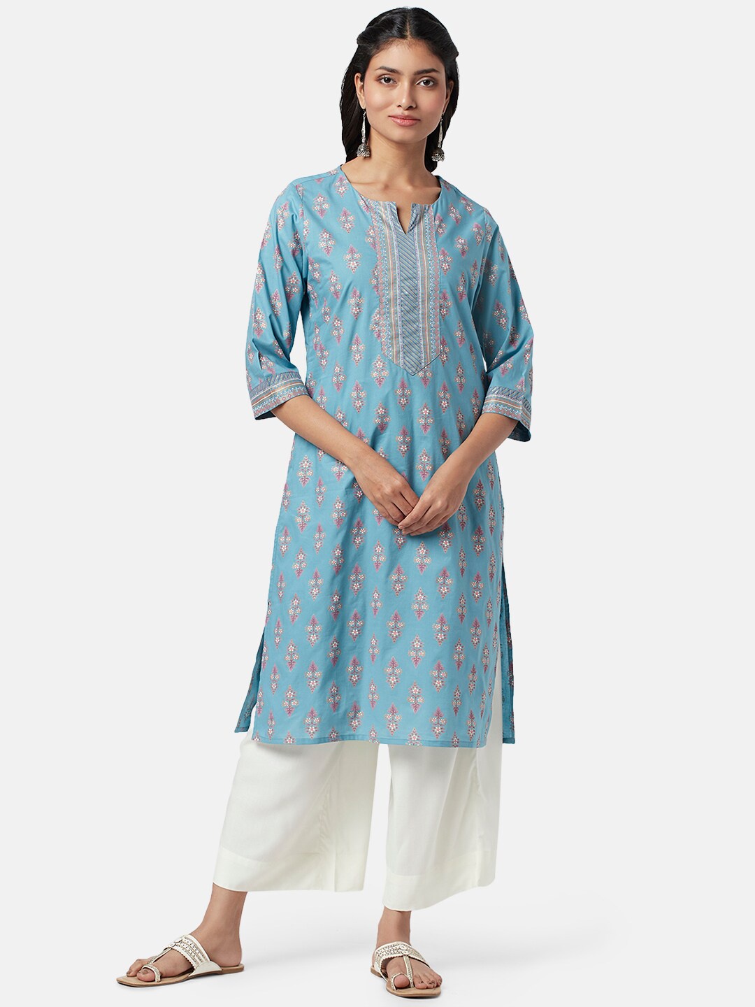 

RANGMANCH BY PANTALOONS Women Ethnic Motifs Printed Notch Neck Cotton Kurta, Blue