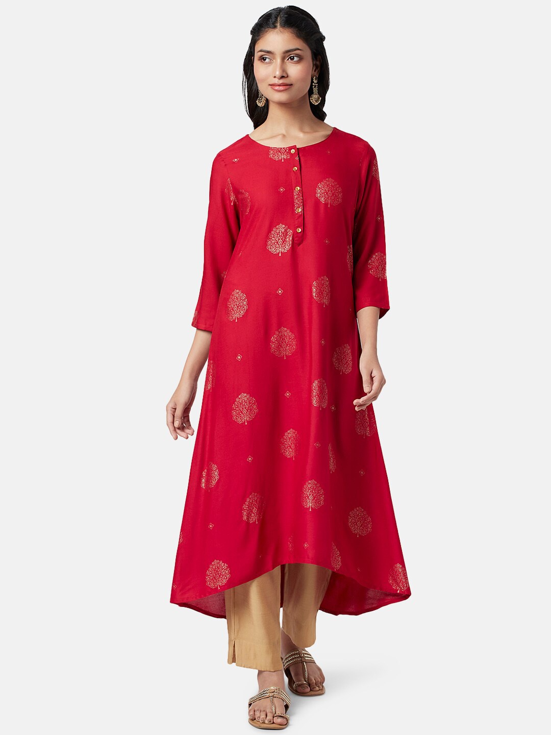 

RANGMANCH BY PANTALOONS Women Ethnic Motifs Printed High-Low Kurta, Red
