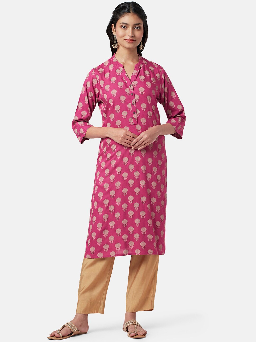 

RANGMANCH BY PANTALOONS Women Ethnic Motifs Printed Band Collar Kurta, Pink