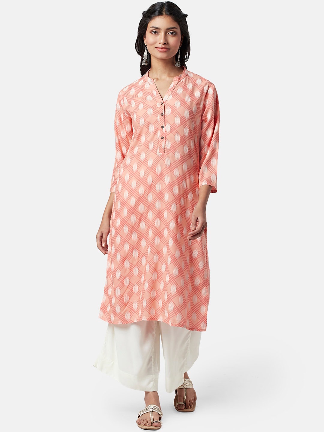 

RANGMANCH BY PANTALOONS Women Checked Band Collar Straight Kurta, Peach
