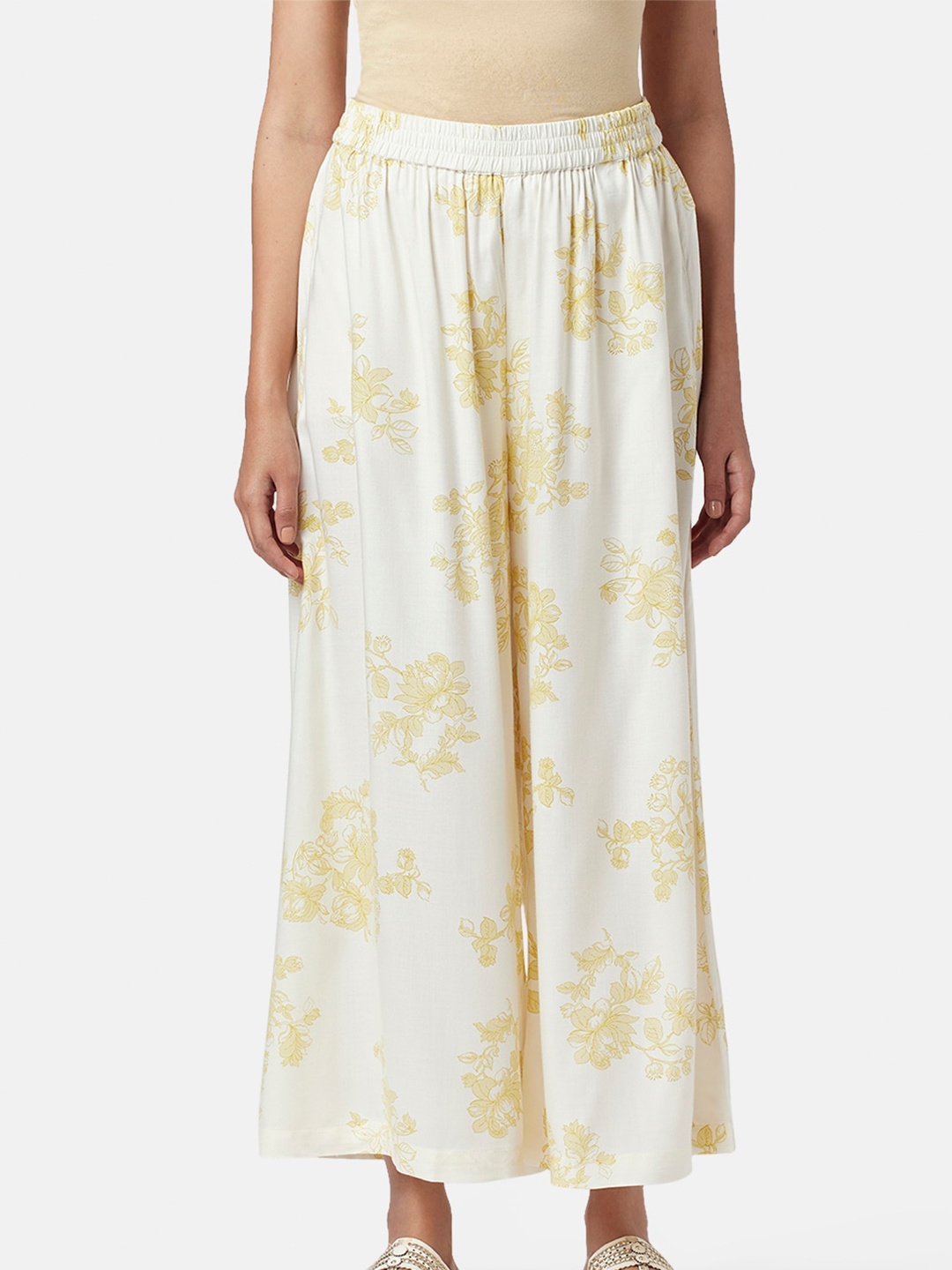 

RANGMANCH BY PANTALOONS Women Floral Printed Elasticated Palazzos, White