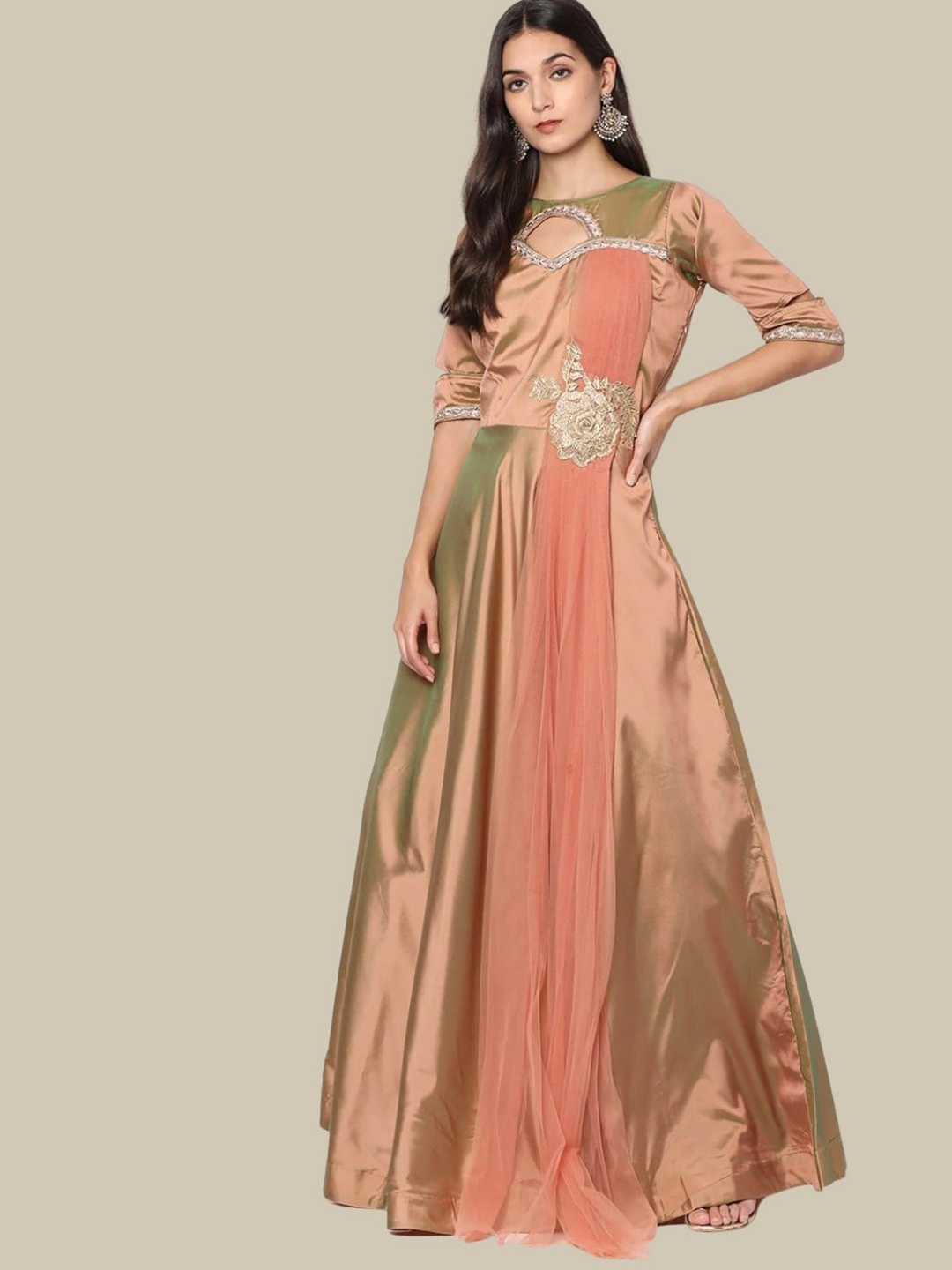 

Chhabra 555 Applique Silk Fit & Flare Gown With Attached Dupatta, Peach