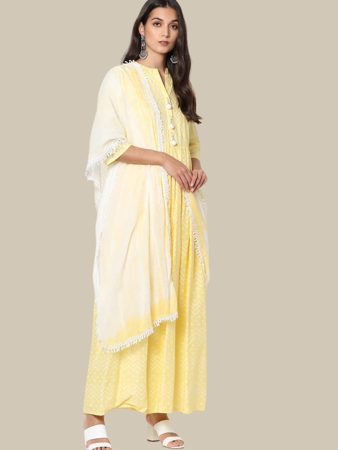 

Chhabra 555 Bandhani Printed Pleated Kurta with Trousers & Dupatta, Yellow