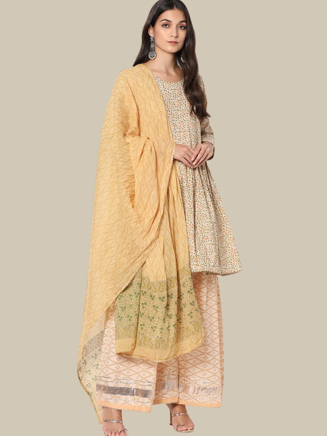 

Chhabra 555 Floral Printed Pleated Gotta Patti Kurta with Sharara & Dupatta, Beige