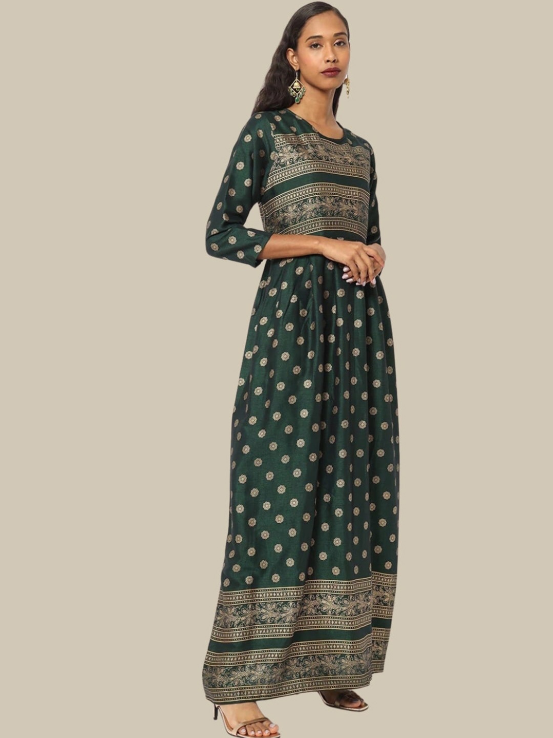 

Chhabra 555 Floral Printed Maxi Length Made to Measure Ethnic A-Line Dress, Green