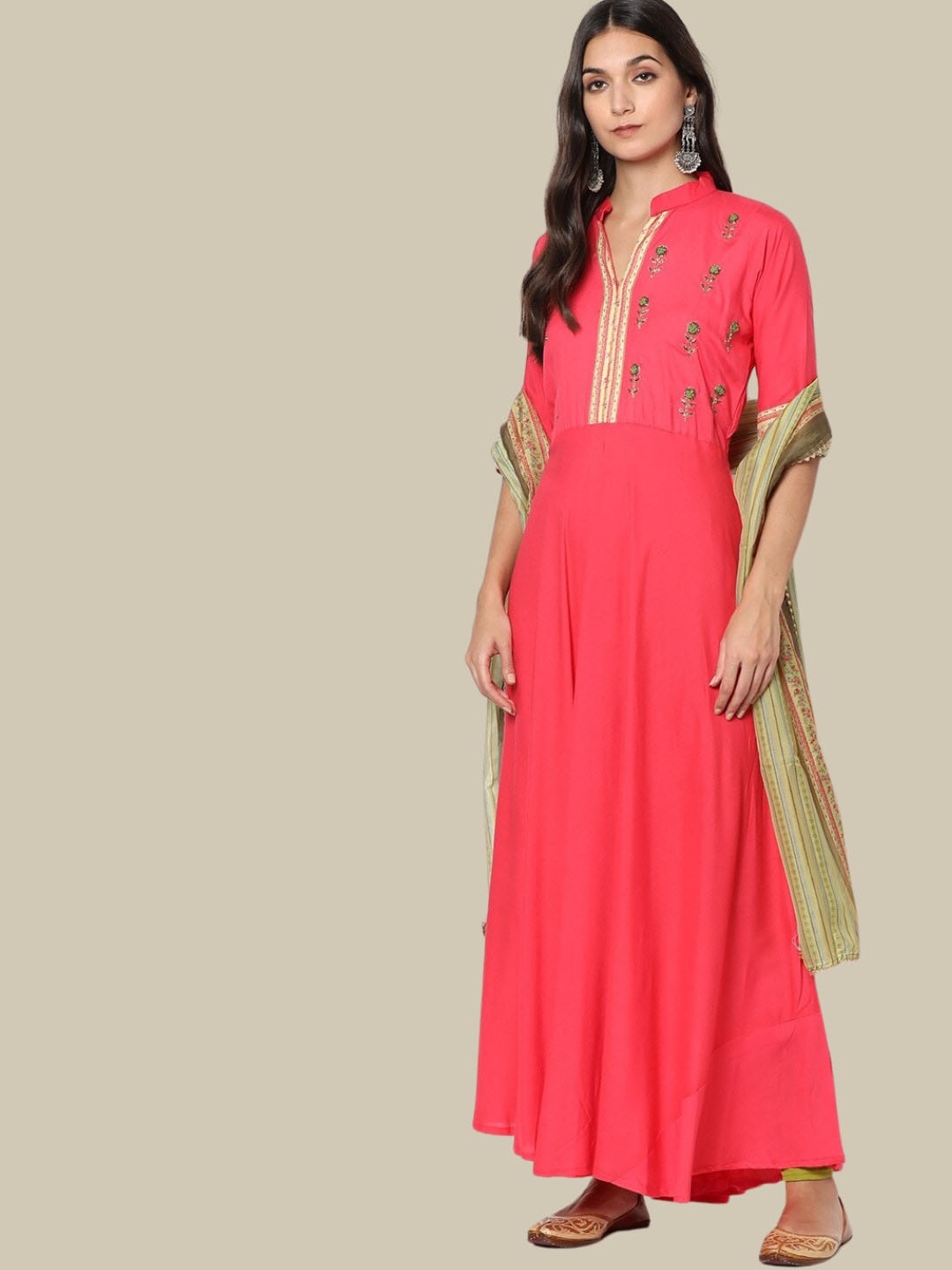 

Chhabra 555 Floral Embroidered Mandarin Collar Anarkali Kurta With Leggings & Dupatta, Red