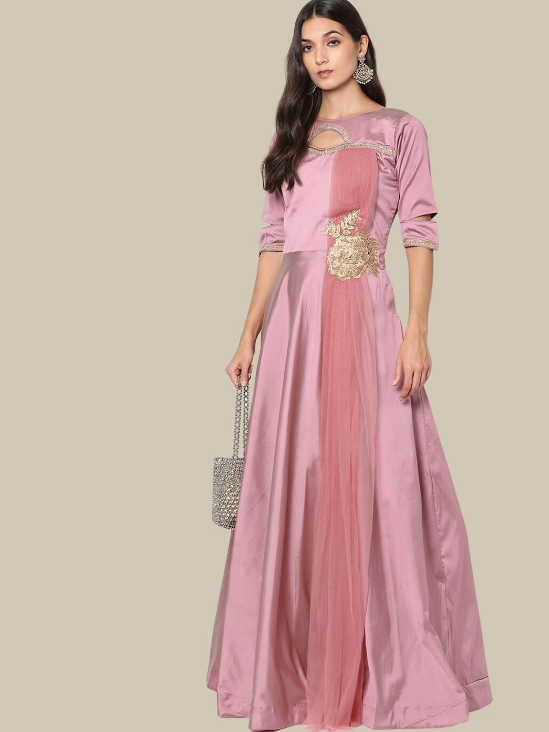 

Chhabra 555 Applique Silk Fit & Flare Ethnic Dress With Attached Dupatta, Pink