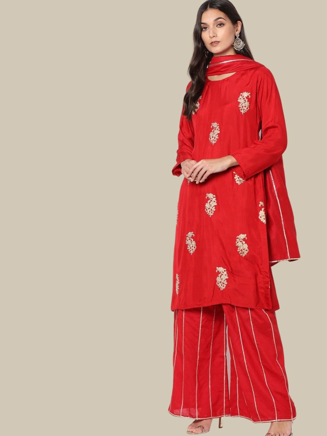 

Chhabra 555 Ethnic Motif Embroidered Gotta Patti Kurta With Palazzo & Dupatta, Red