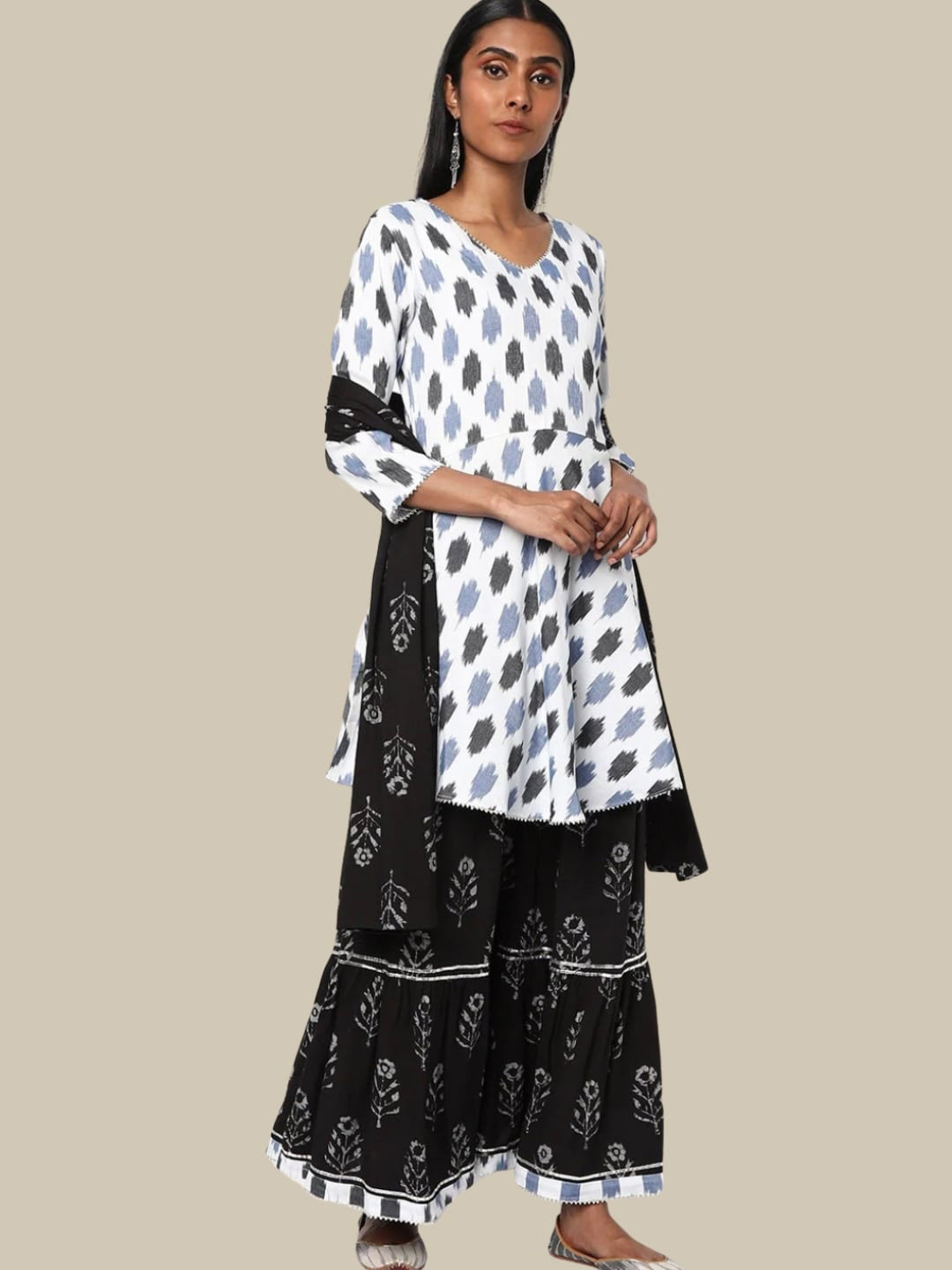 

Chhabra 555 Made to Measure Batik Printed Kurta With Sharara & Dupatta, Black