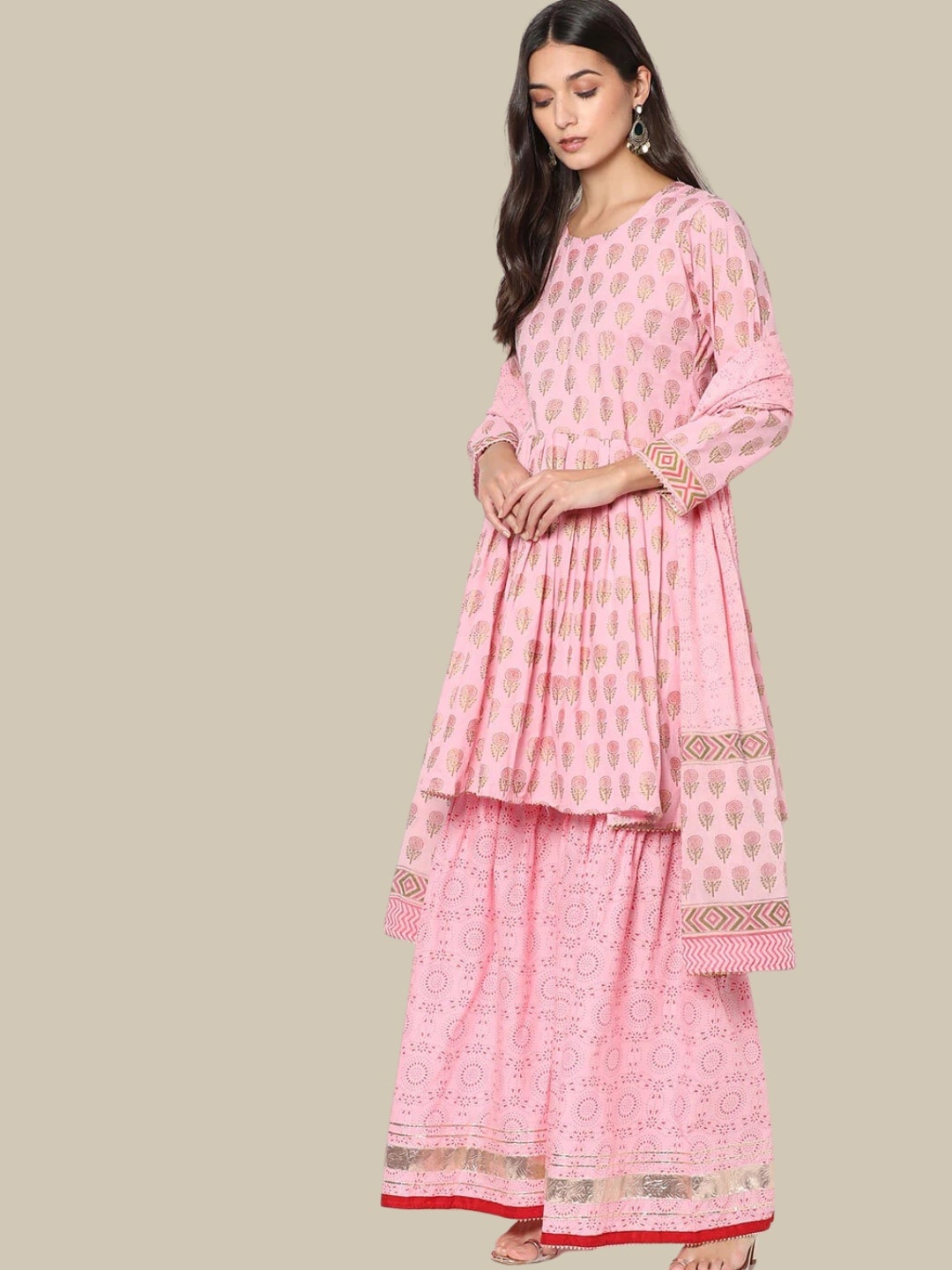 

Chhabra 555 Women Floral Printed Pleated Kurta With Sharara & Dupatta, Pink
