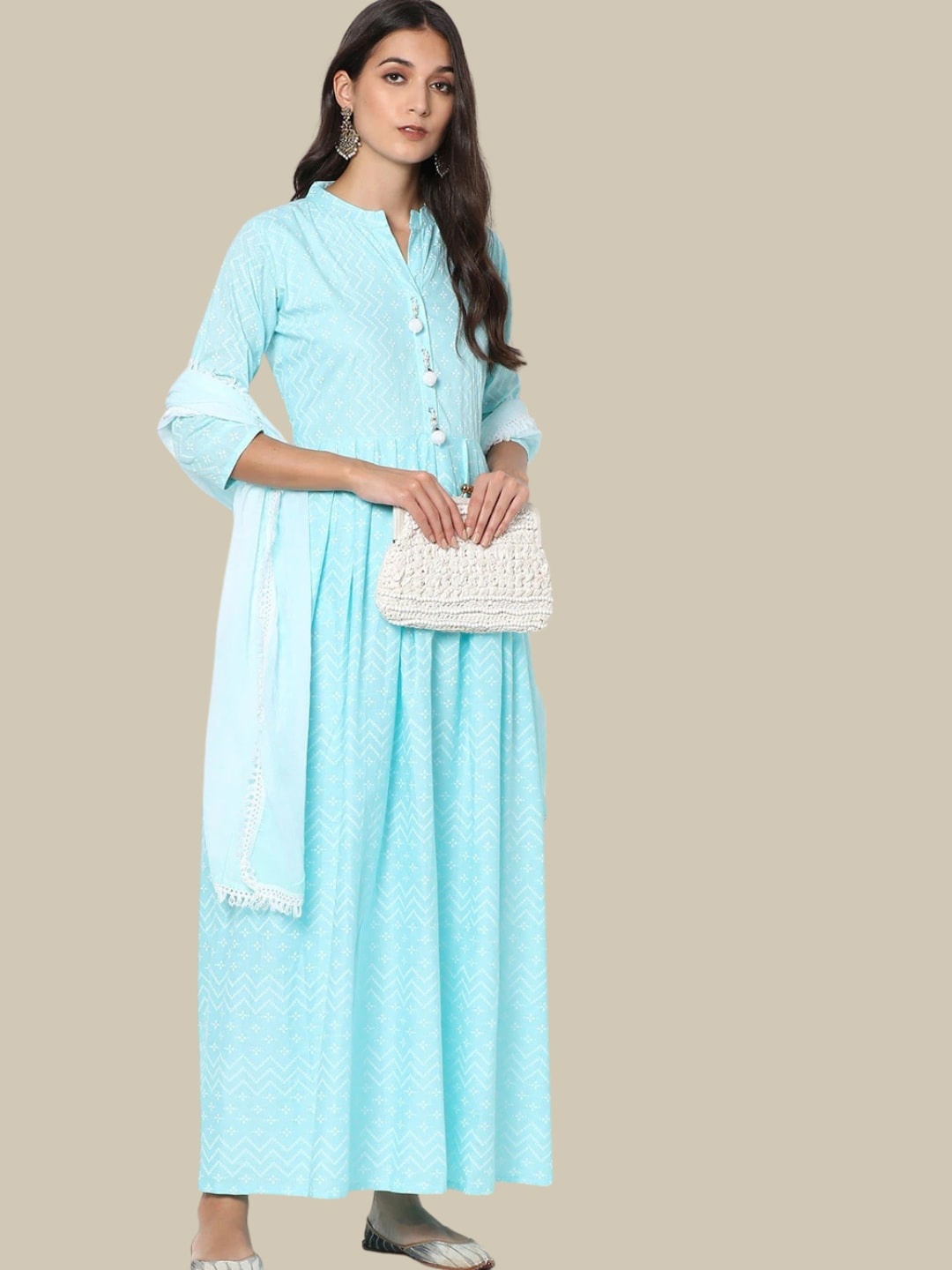 

Chhabra 555 Women Printed Empire Kurta With Trousers & Dupatta, Turquoise blue