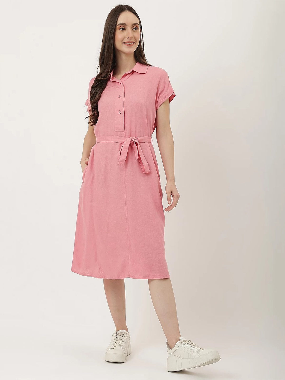 

Marks & Spencer Shirt Collar Cap Sleeves Midi Dress with Belt, Pink