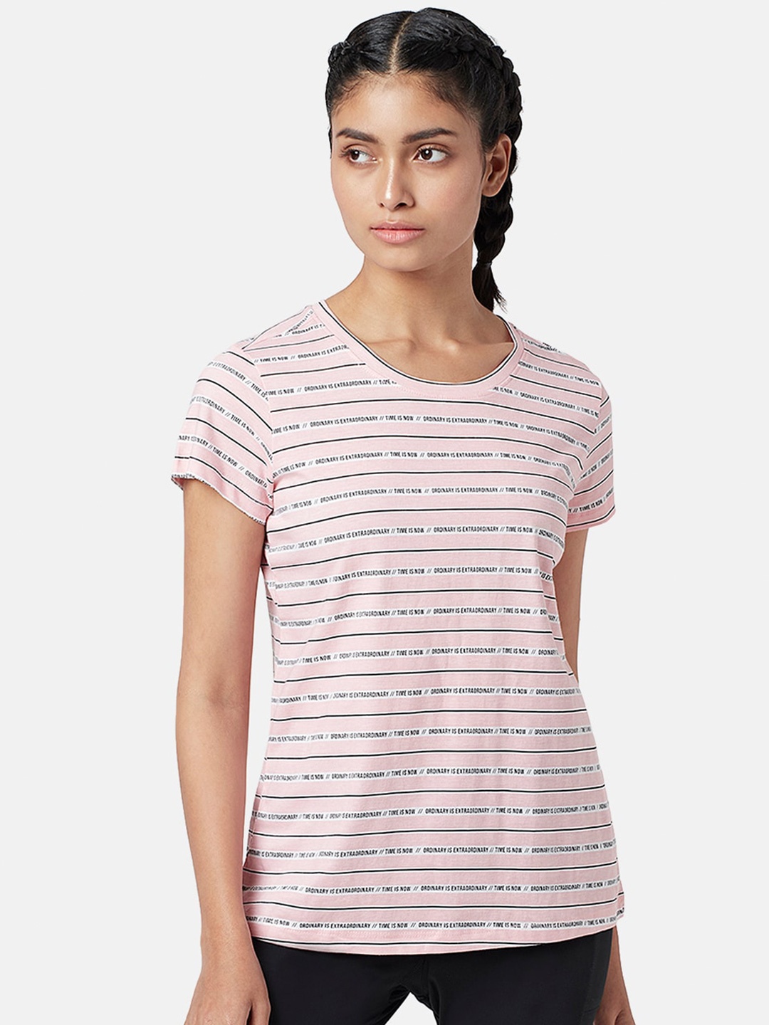 

Ajile by Pantaloons Women Striped Round Neck Cotton T-shirt, Pink