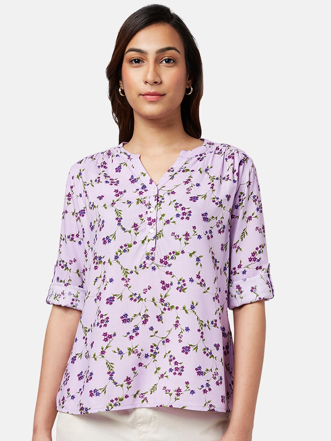 

Honey by Pantaloons Floral Printed Roll Up Sleeves Tunic, Purple