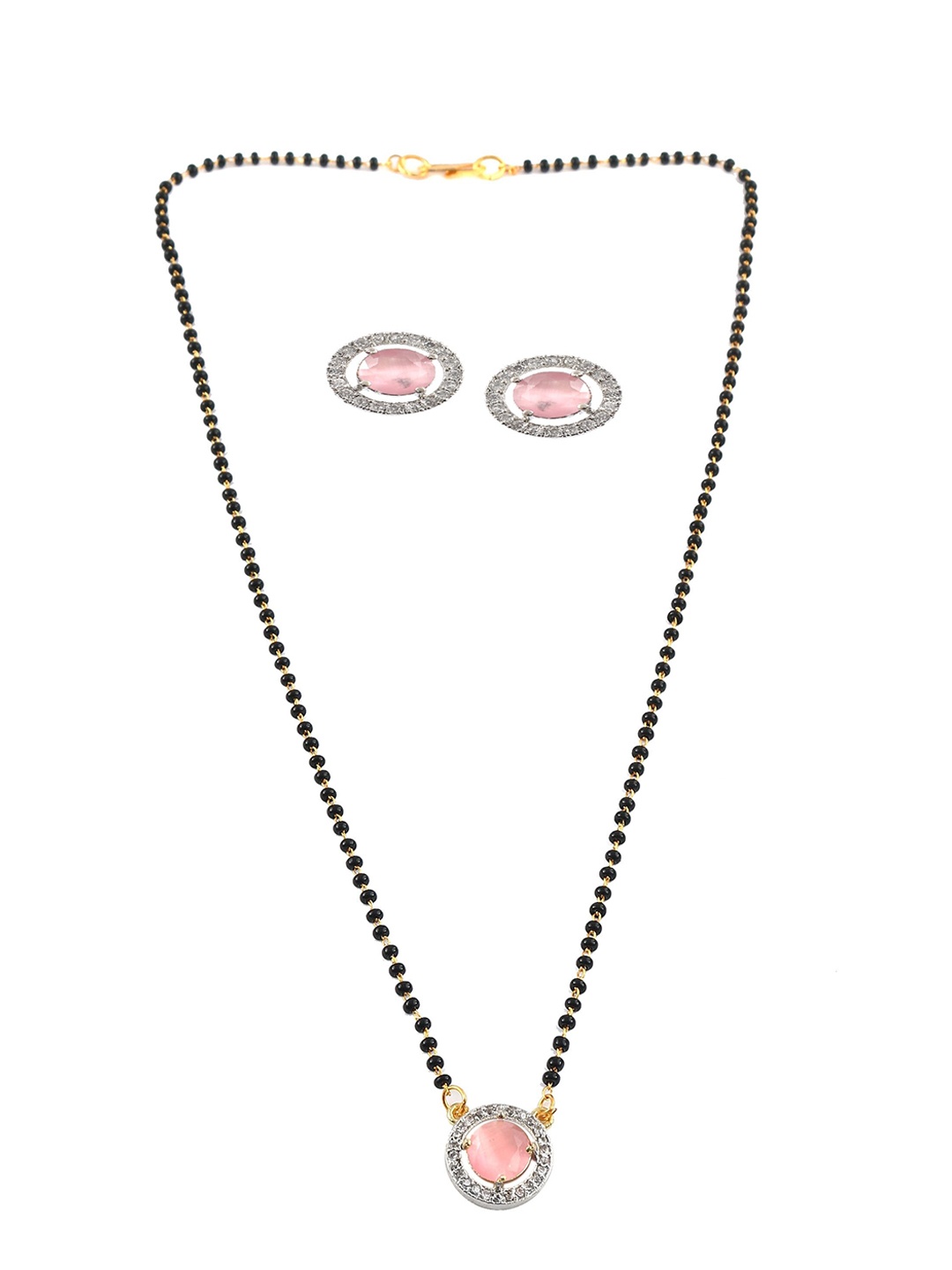 

Jewar Mandi Silver Gold-Plated CZ-Studded & Beaded Mangalsutra with Earrings, Pink
