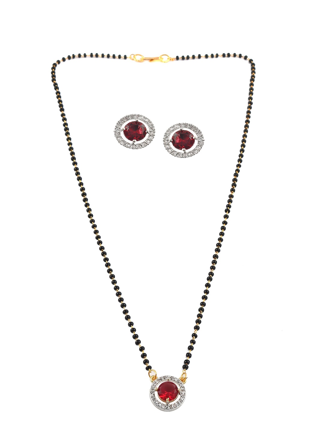 

Jewar Mandi Silver Gold-Plated CZ-Studded & Beaded Mangalsutra with Earrings, Maroon