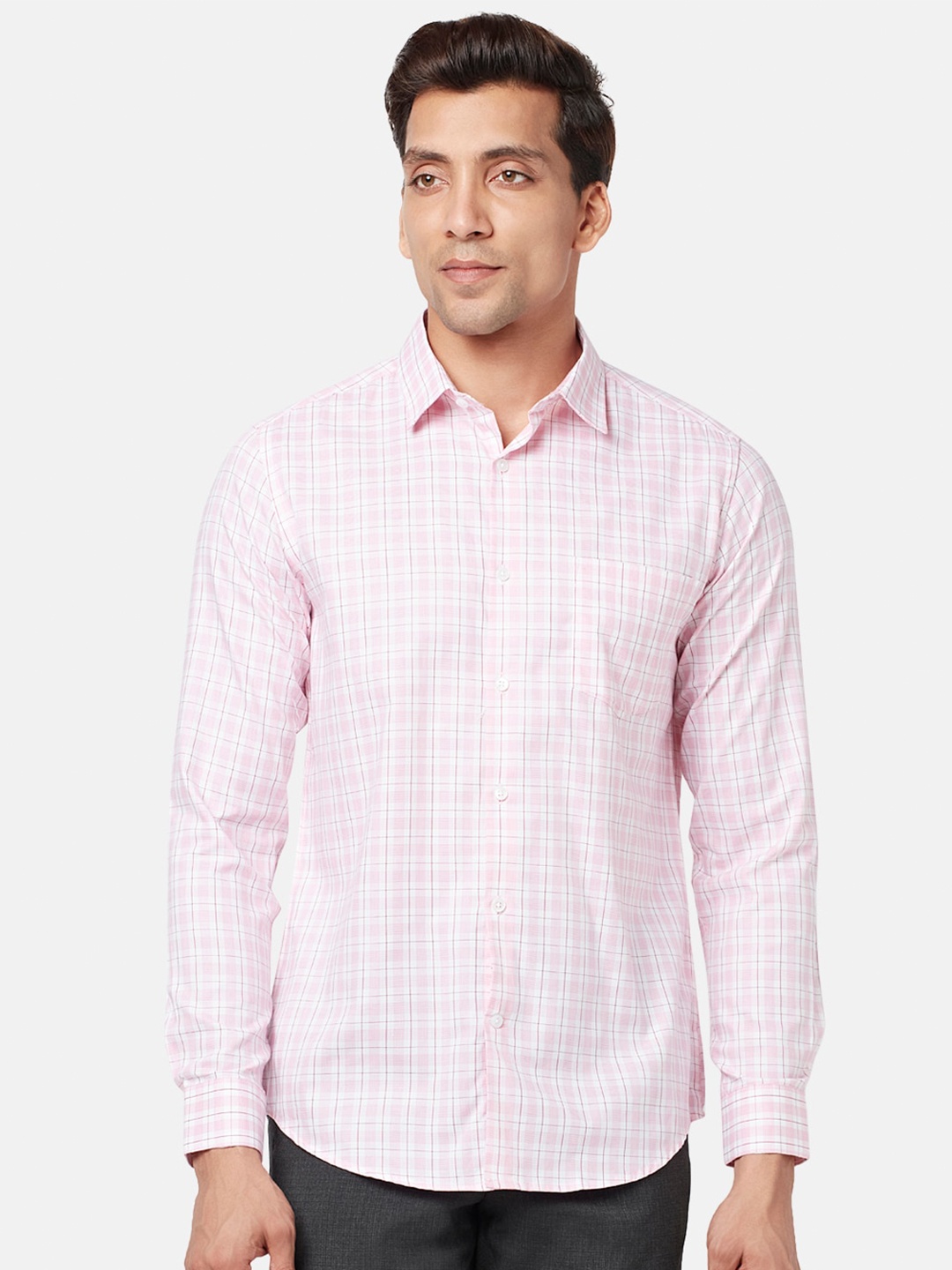 

BYFORD by Pantaloons Men Slim Fit Grid Tattersall Checks Checked Cotton Shirt, Pink