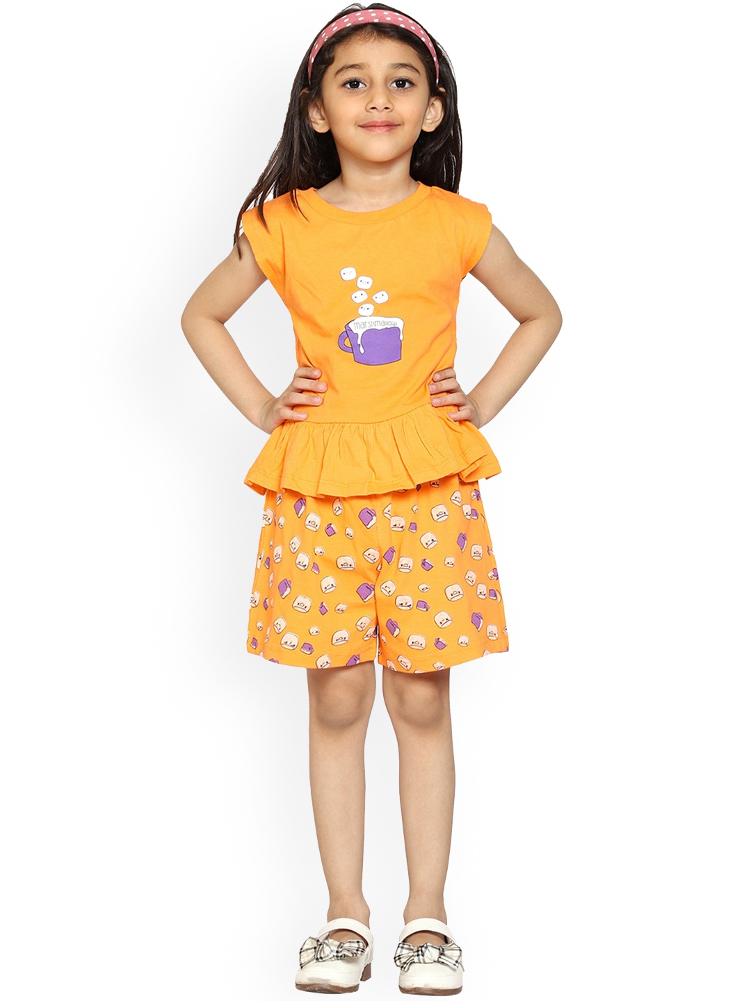 

KiddoPanti Girls Graphic Printed Pure Cotton Top with Shorts, Orange